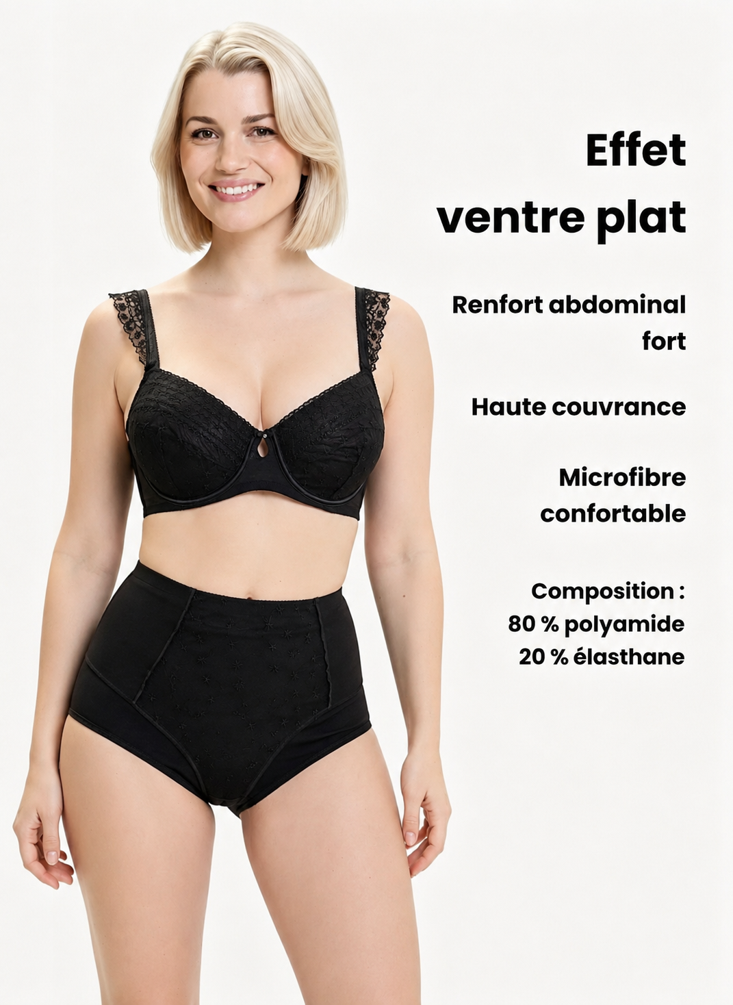 Ensemble lingerie sculptante femme noir – Culotte haute ventre plat &amp; soutien-gorge transparent  (4)