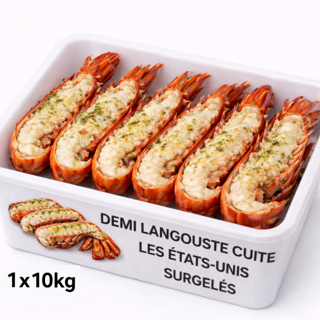 Langouste coupée en deux pour vente ou préparation culinaire