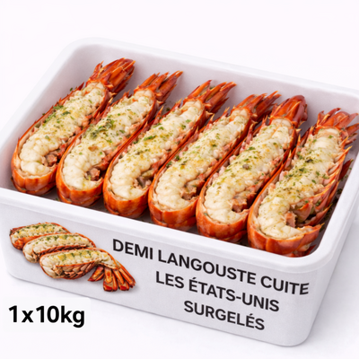 Langouste coupée en deux pour vente ou préparation culinaire