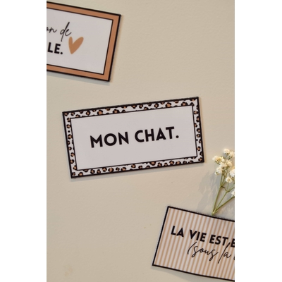 Magnet à frigo avec cadre léopard beige et message : Mon chat