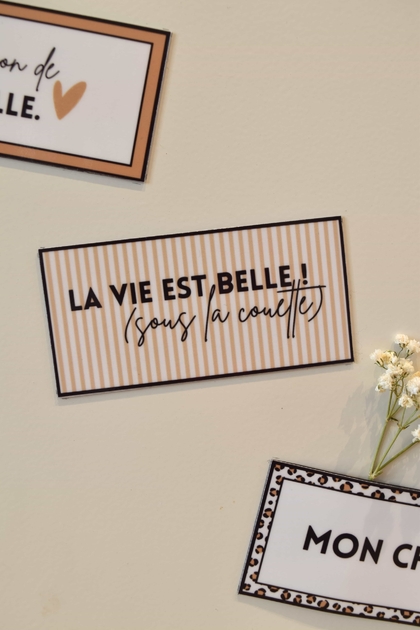 Magnet à frigo avec fond rayé blanc et beige et message : La vie est belle