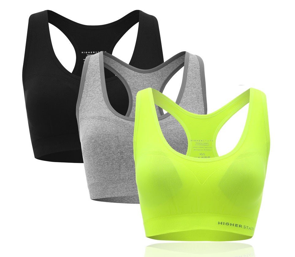 Brassière de sport faible en coutures avec soutien - lot de 3 pièces femme Higher State Noir Gris Jaune fluo (2)