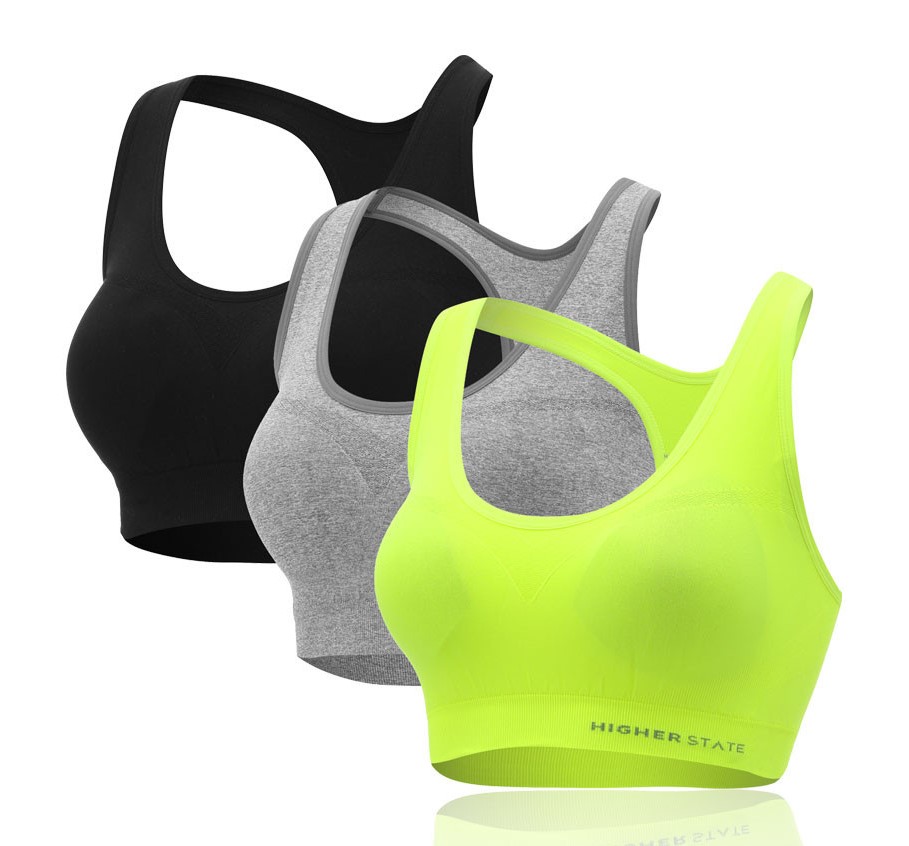 Brassière de sport faible en coutures avec soutien - lot de 3 pièces femme Higher State Noir Gris Jaune fluo (1)