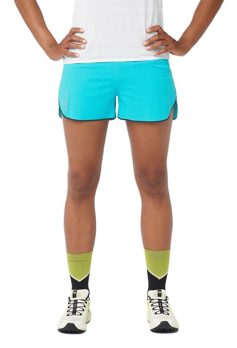 Short running trail femme Salomon SENSE AERO 3 SHORT W Bleu paon Noir Gris 2