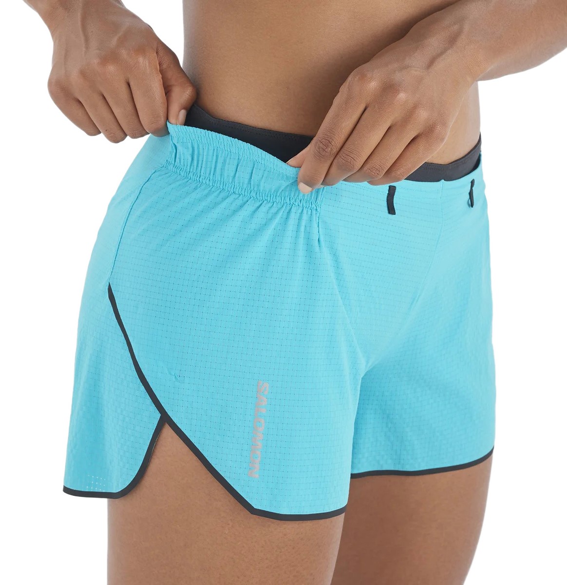 Short running trail femme Salomon SENSE AERO 3 SHORT W Bleu paon Noir Gris 5