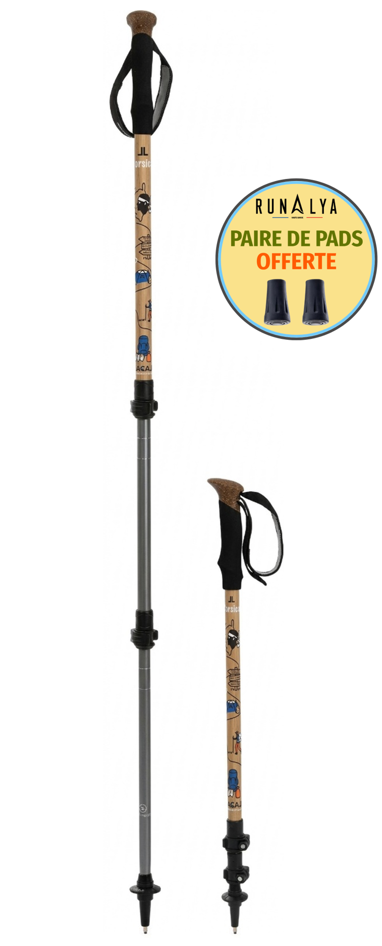 Bâtons randonnée télescopiques unisexe Lacal Nature Stick 135 CORSICA Bois Noir Bleu Orange (1b)