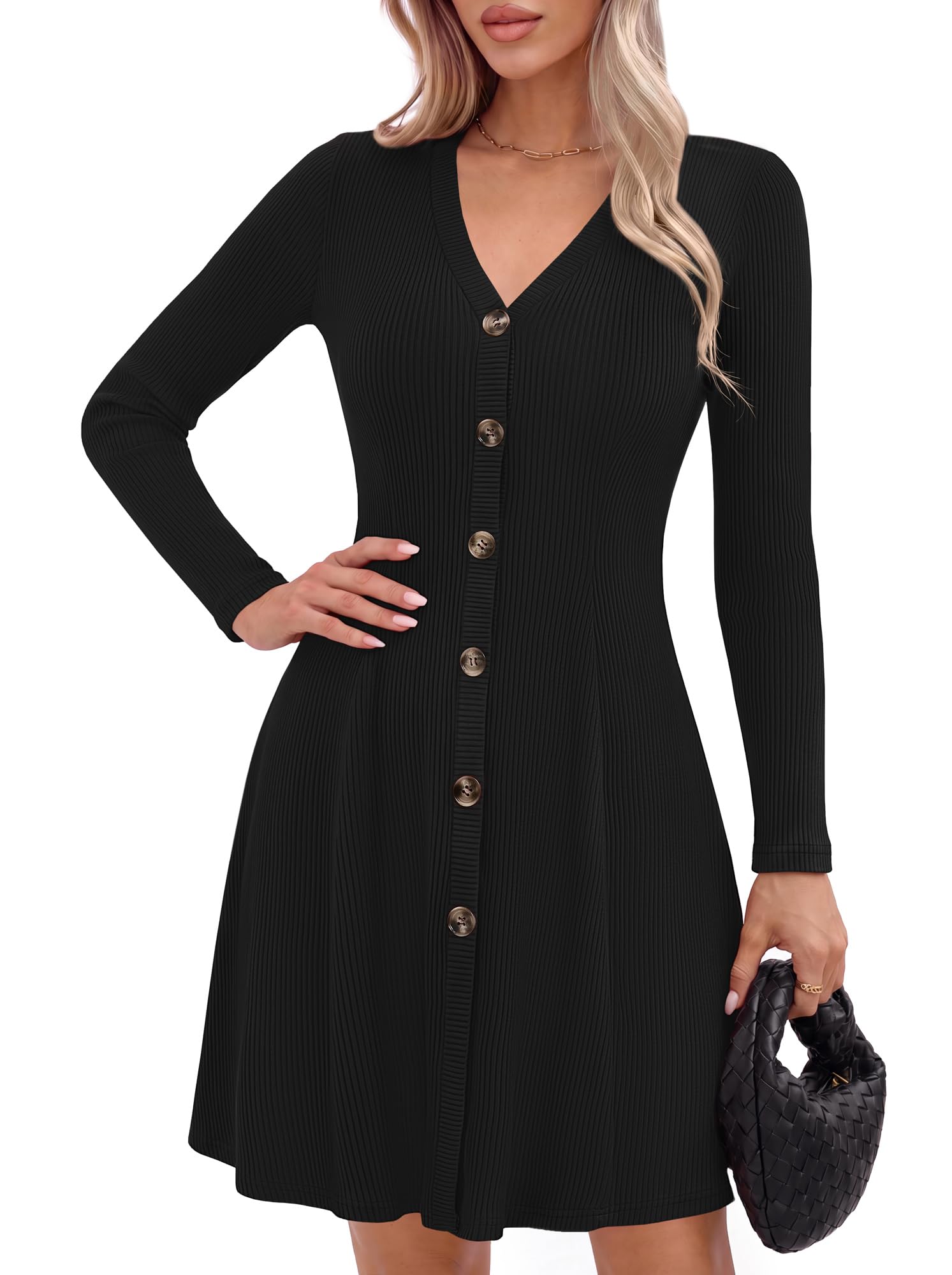 GRACE KARIN 2026 Womens V-Neck Ribbed Knit A-Line Mini Fall Sweater Dress Small Black