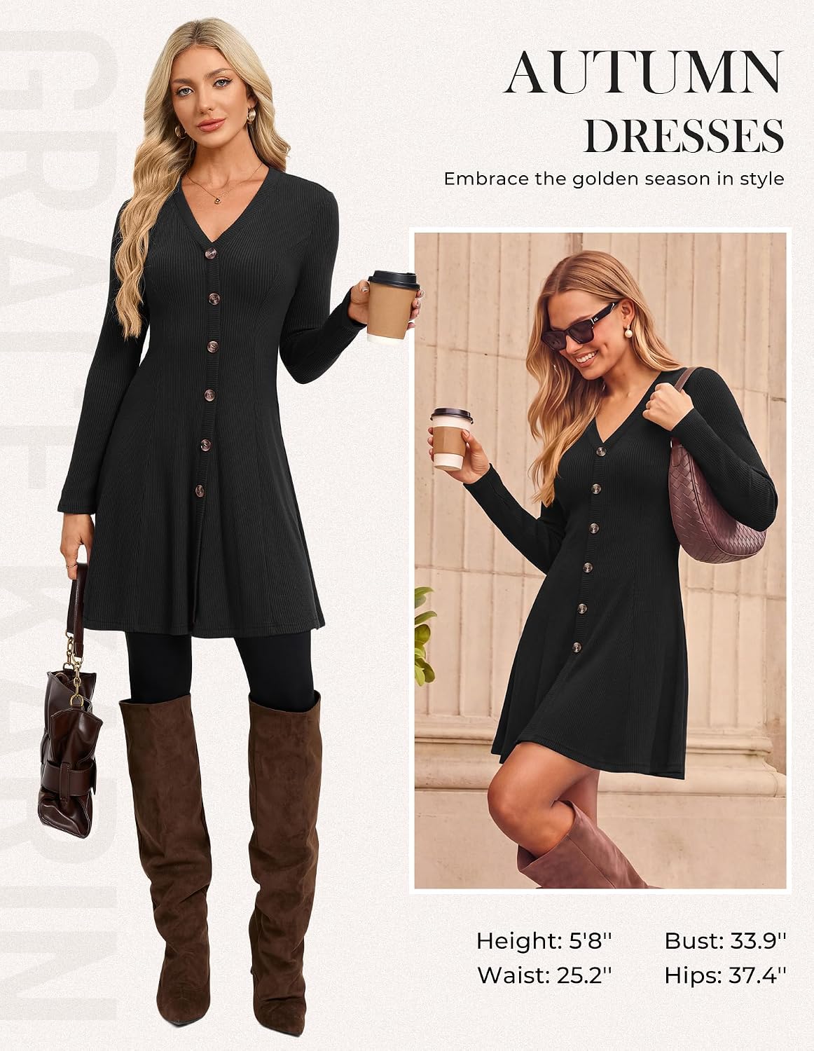 GRACE KARIN 2026 Womens V-Neck Ribbed Knit A-Line Mini Fall Sweater Dress Small Black 2