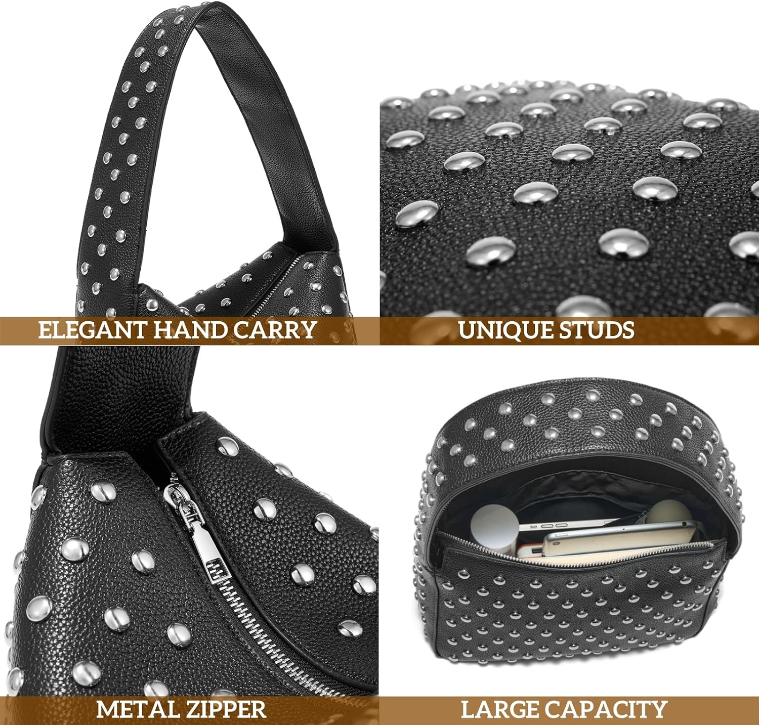 Shoulder Bag Studded Purse for Women Y2K Purse Black Studded Bag Designer Handbag 5
