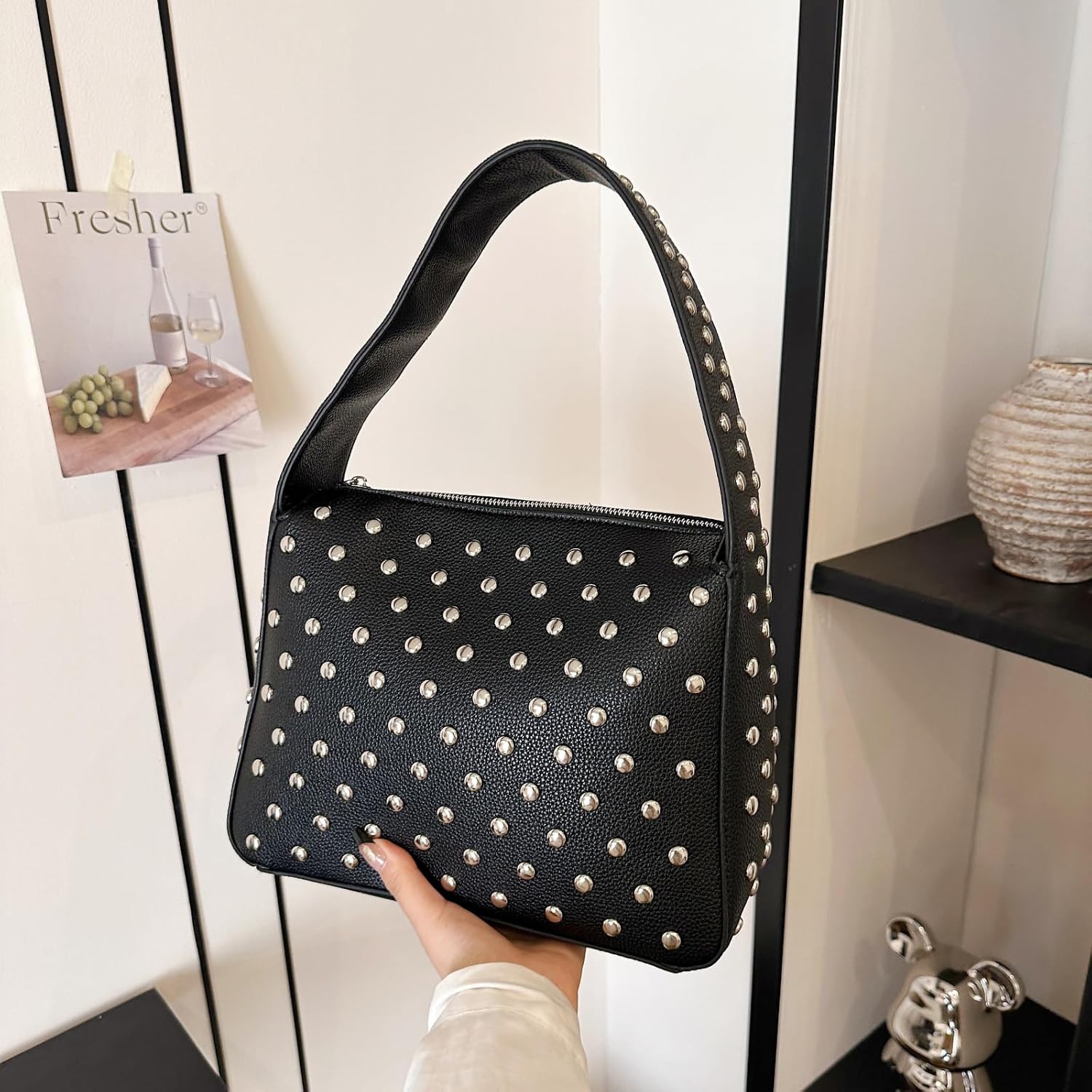 Shoulder Bag Studded Purse for Women Y2K Purse Black Studded Bag Designer Handbag 7