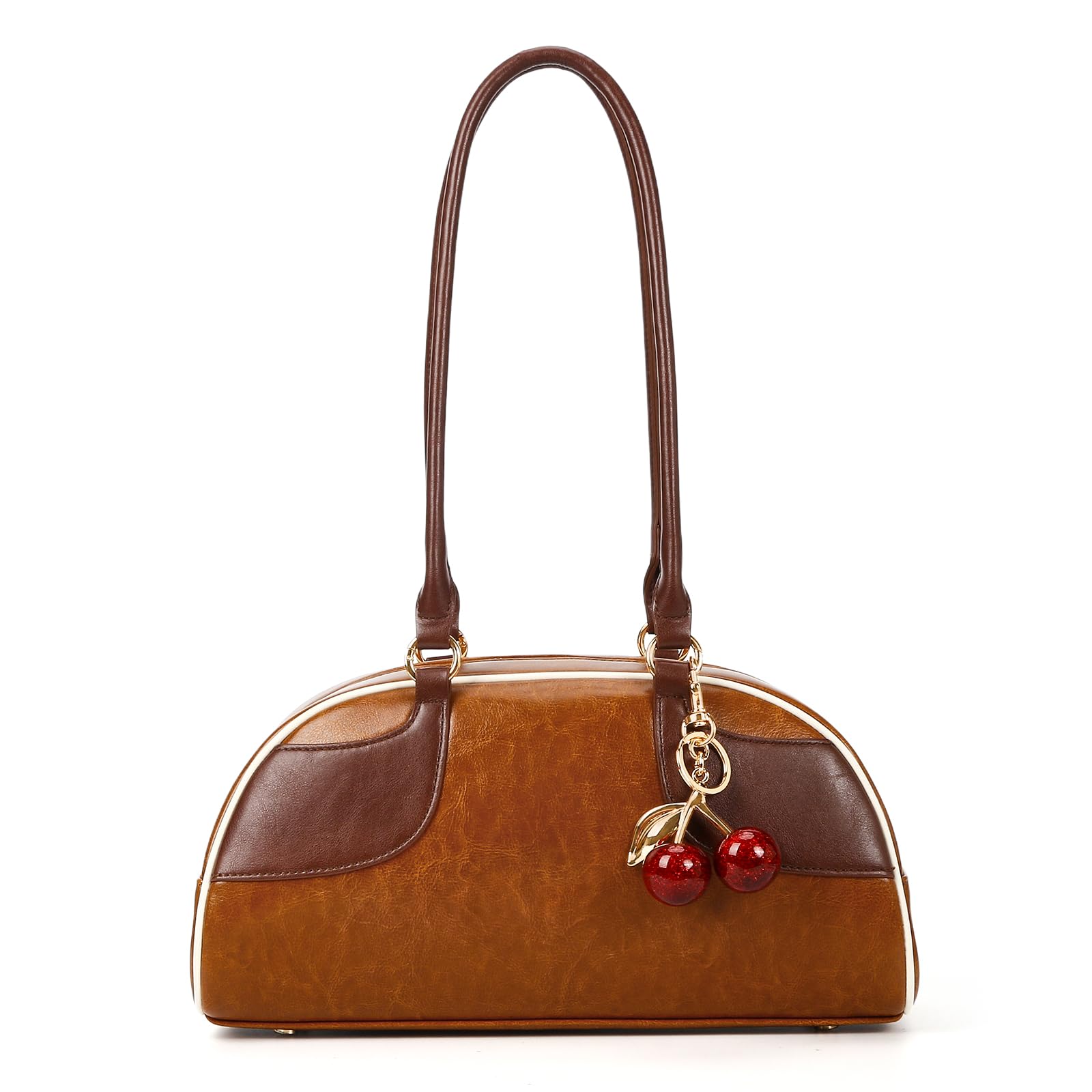 Y2K Bowler Shoulder Bag Vintage Leather Purse with Cherry Charm Brown