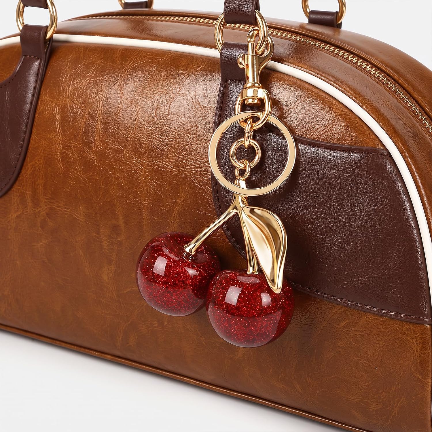 Y2K Bowler Shoulder Bag Vintage Leather Purse with Cherry Charm Brown 4
