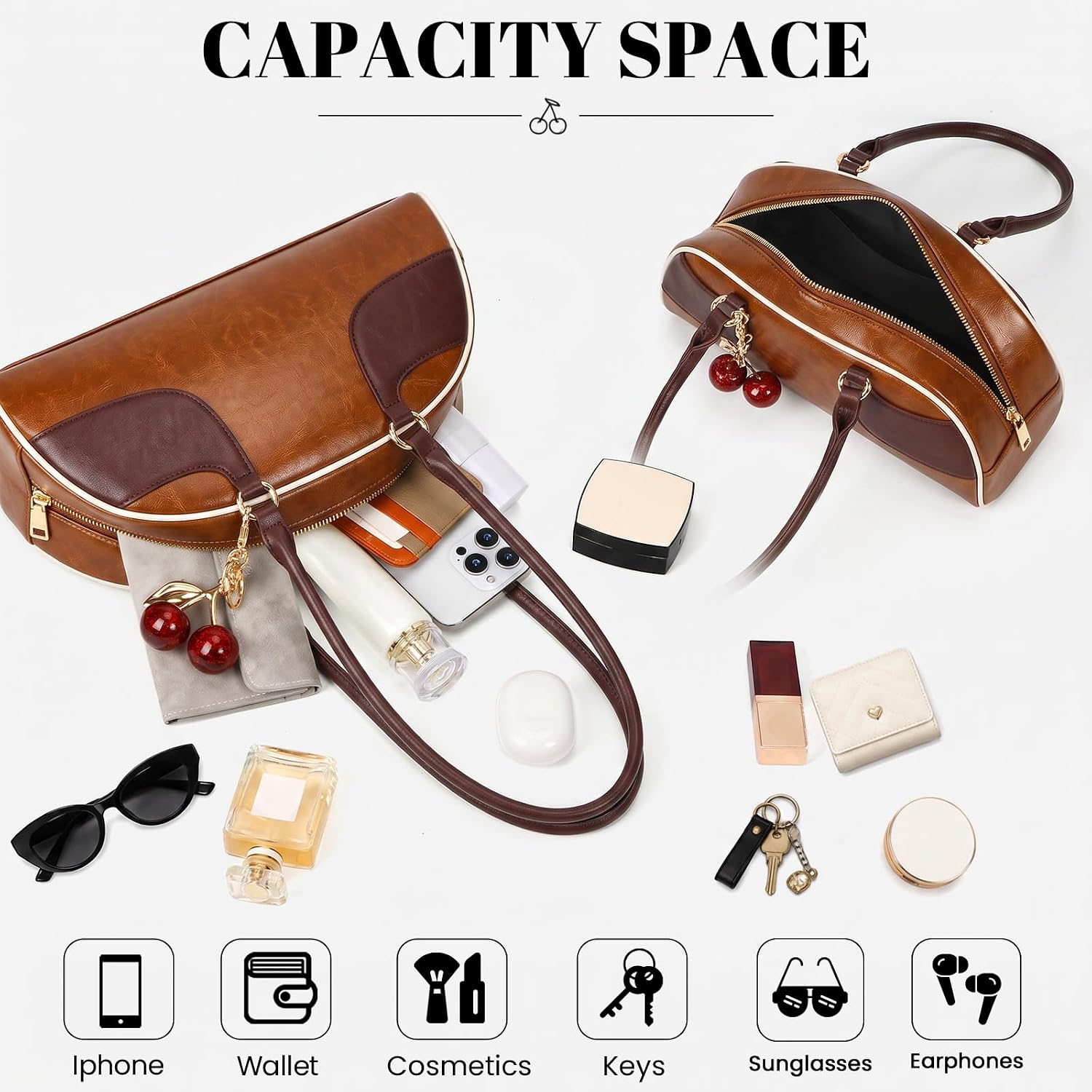 Y2K Bowler Shoulder Bag Vintage Leather Purse with Cherry Charm Brown 7