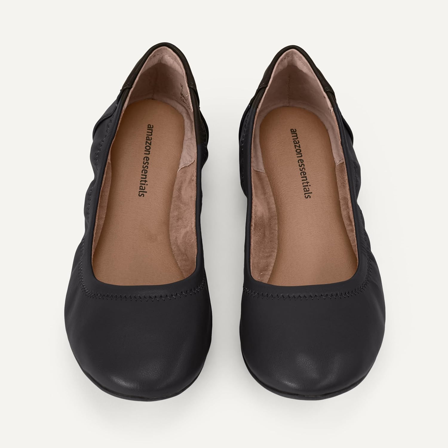 Amazon Essentials Womens Comfortable Round Toe Ballet Flats, Cushioned Memory Foam 10 Black Faux Leather 5
