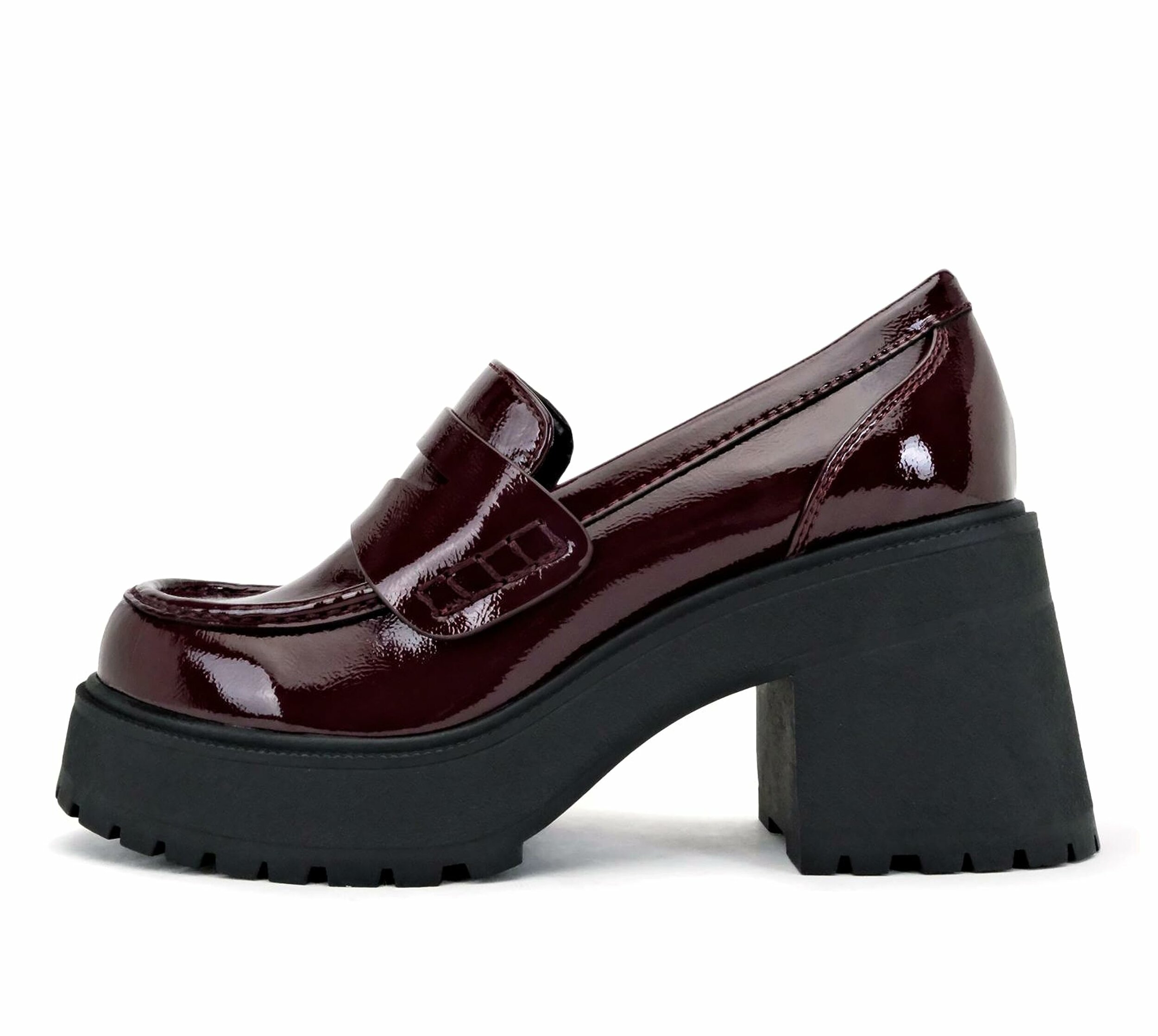 Soda “AMP” ~ Women Round Toe Slip-On Lug Sole High Heel Penny Loafer Shoe 8 Burgundy Patent