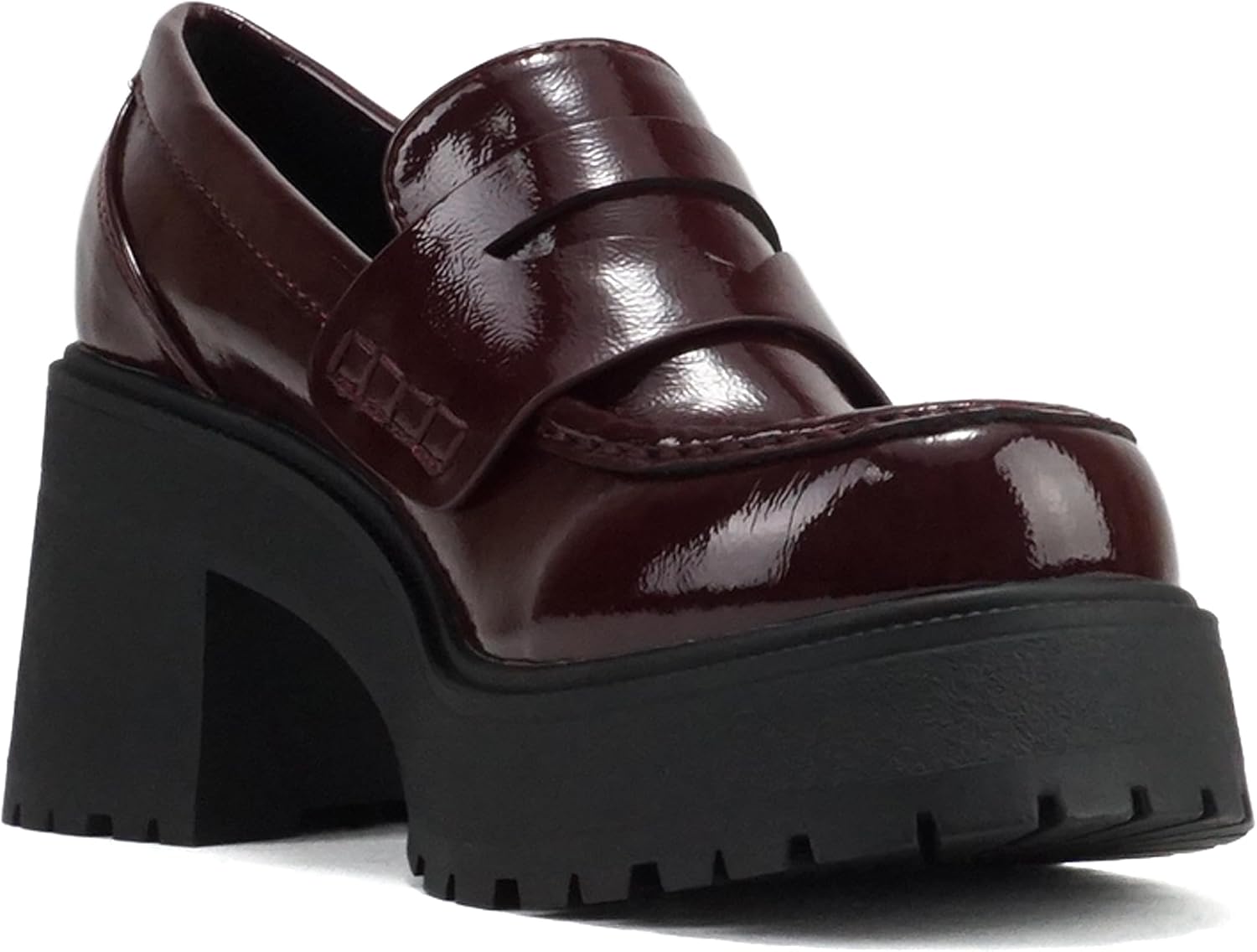Soda “AMP” ~ Women Round Toe Slip-On Lug Sole High Heel Penny Loafer Shoe 8 Burgundy Patent 5