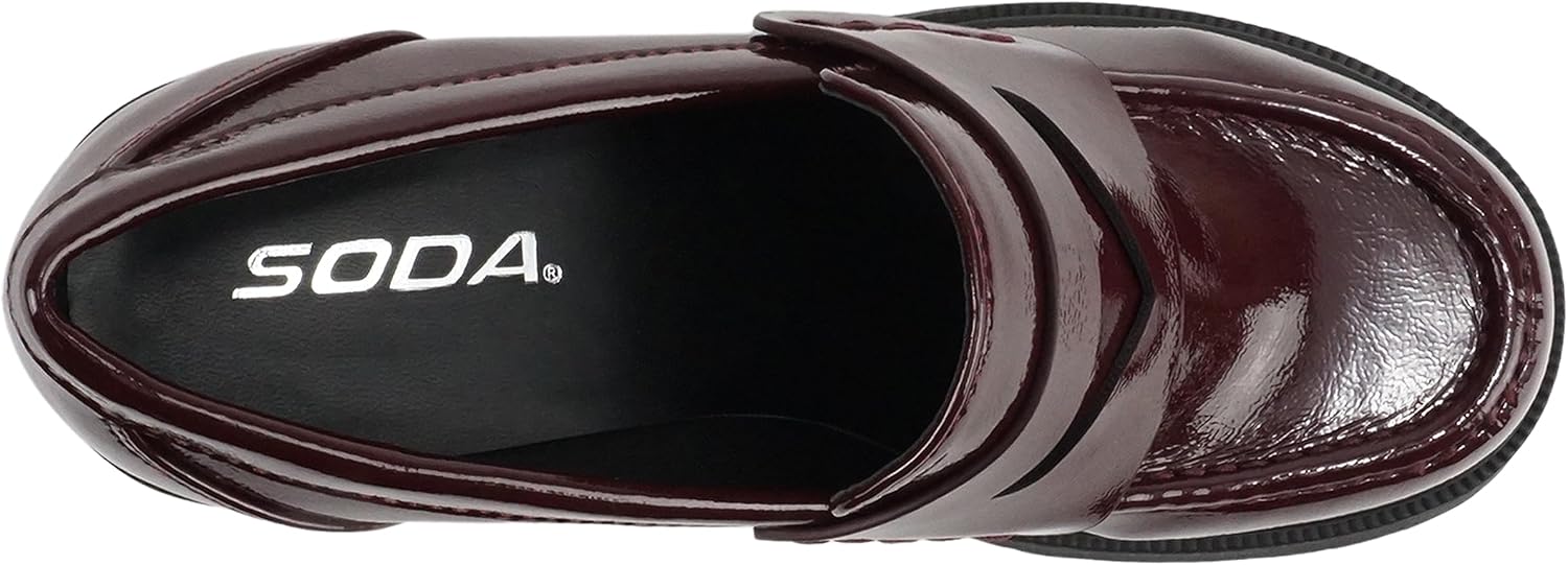 Soda “AMP” ~ Women Round Toe Slip-On Lug Sole High Heel Penny Loafer Shoe 8 Burgundy Patent 6