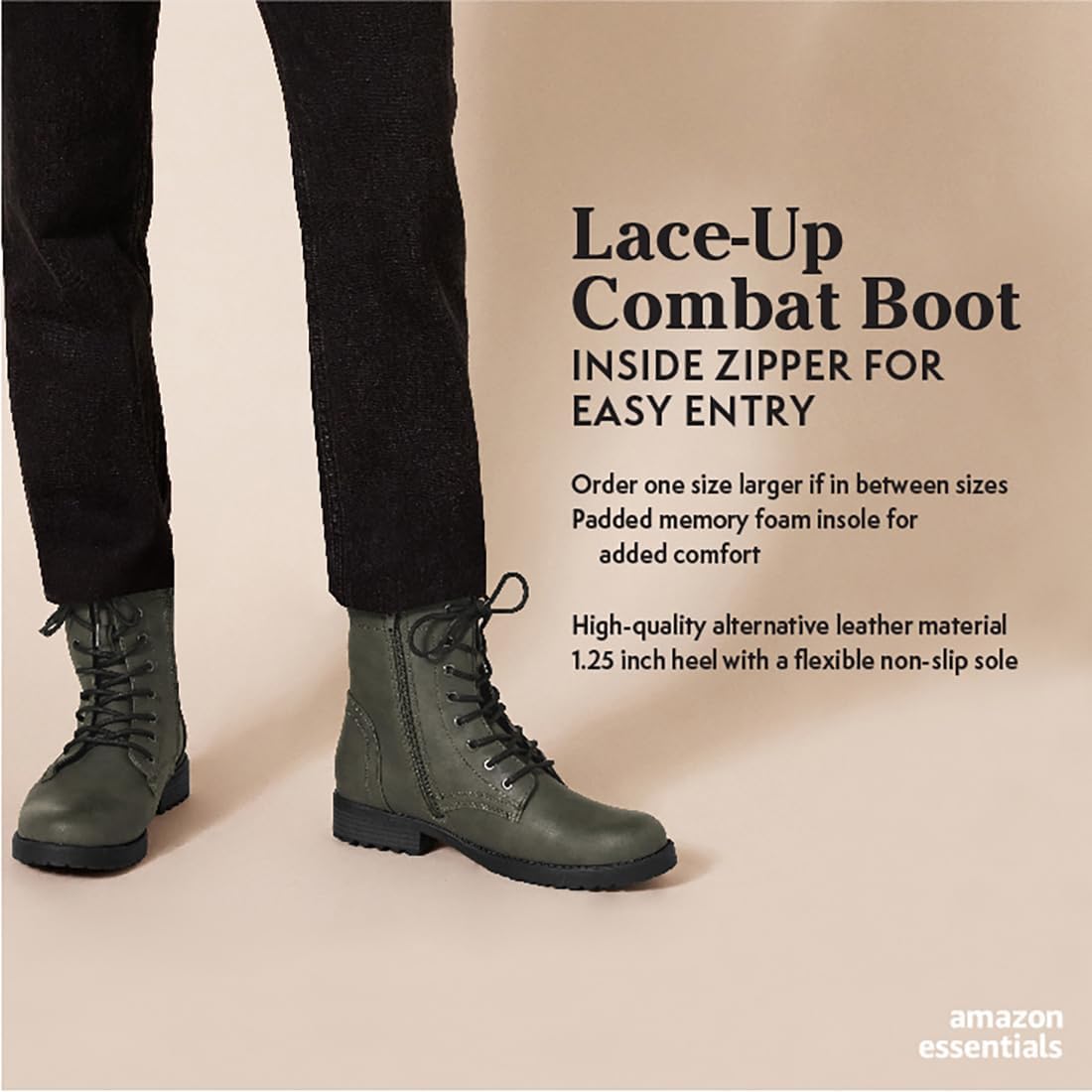 Amazon Essentials Womens Lace-Up Combat Ankle Boots with Side Zipper, Lug Sole 8.5 Brown 2