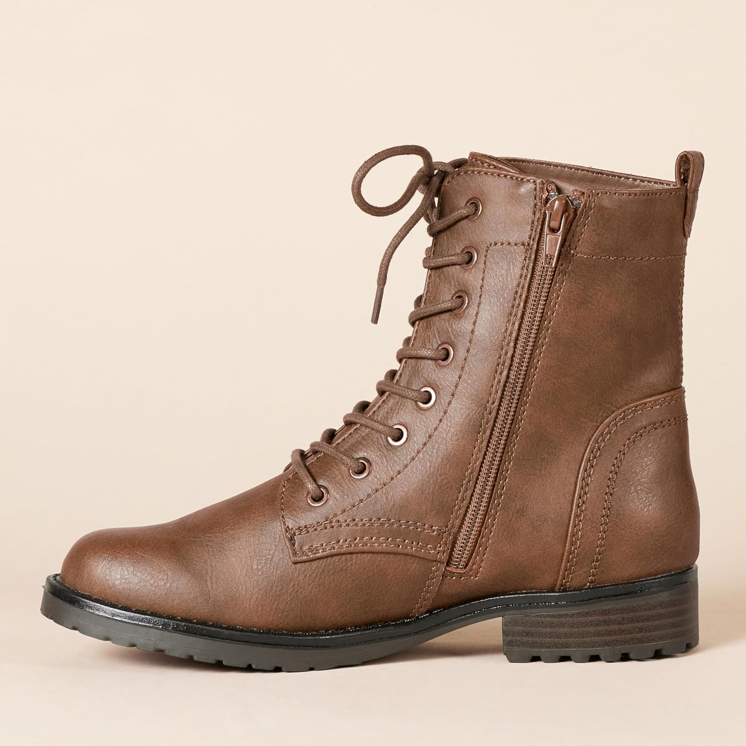 Amazon Essentials Womens Lace-Up Combat Ankle Boots with Side Zipper, Lug Sole 8.5 Brown 3