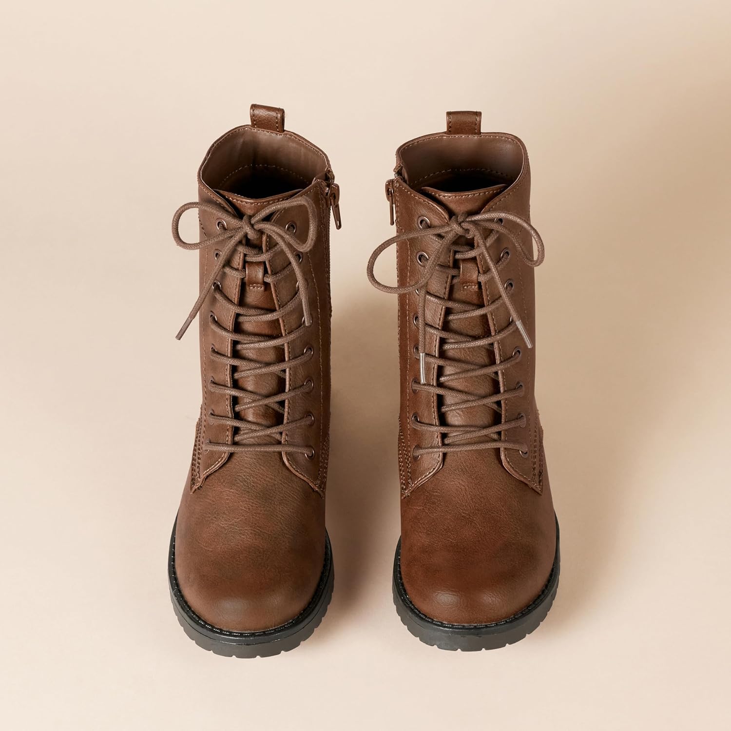 Amazon Essentials Womens Lace-Up Combat Ankle Boots with Side Zipper, Lug Sole 8.5 Brown 5