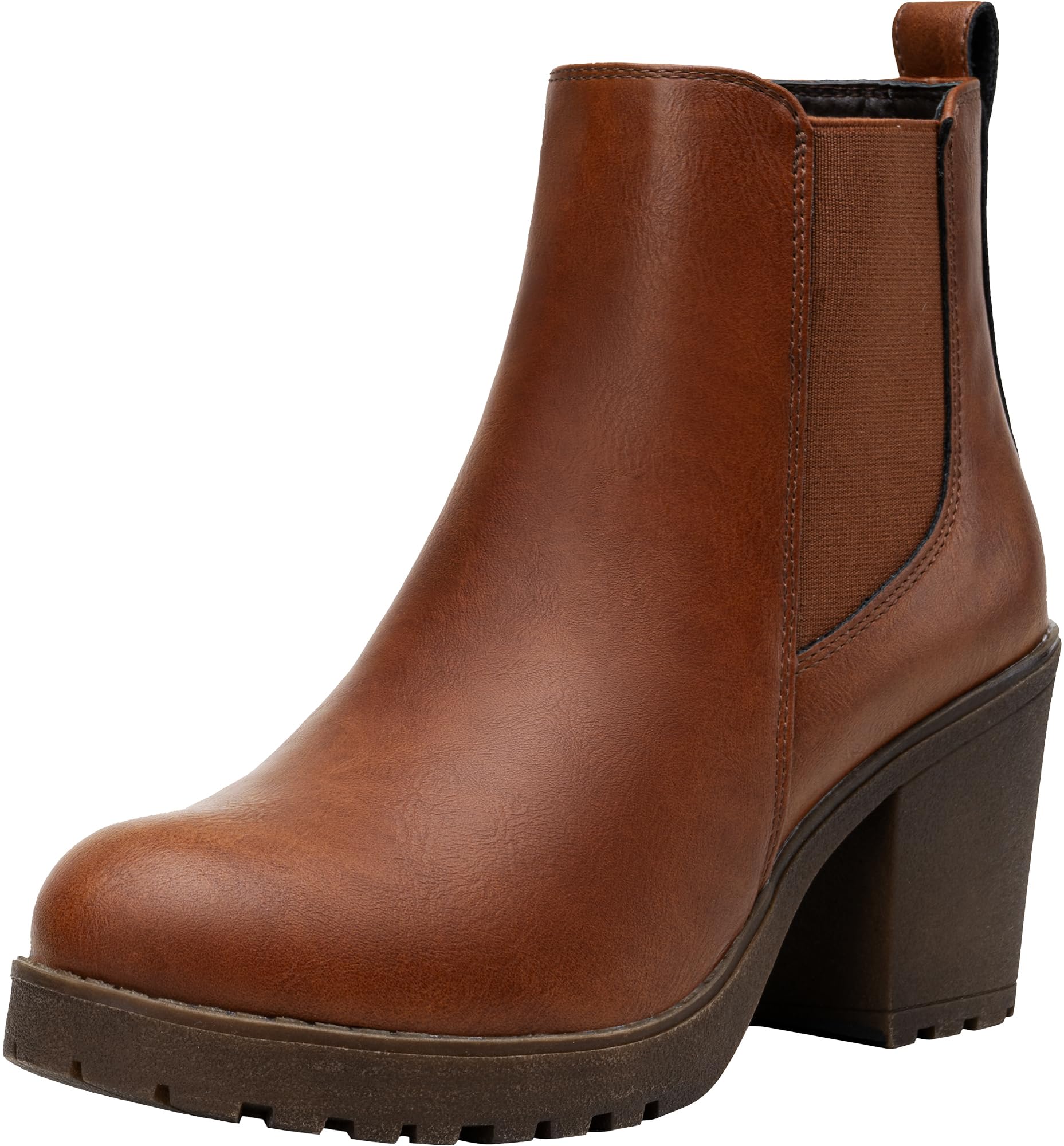 Vepose Womens Platform Chelsea Ankle Boots, Chunky Block Heel Booties 8 Cognac