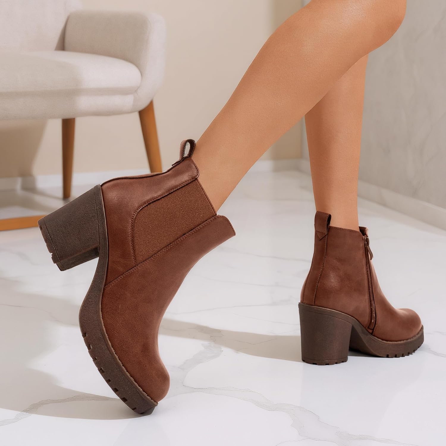 Vepose Womens Platform Chelsea Ankle Boots, Chunky Block Heel Booties 8 Cognac 3