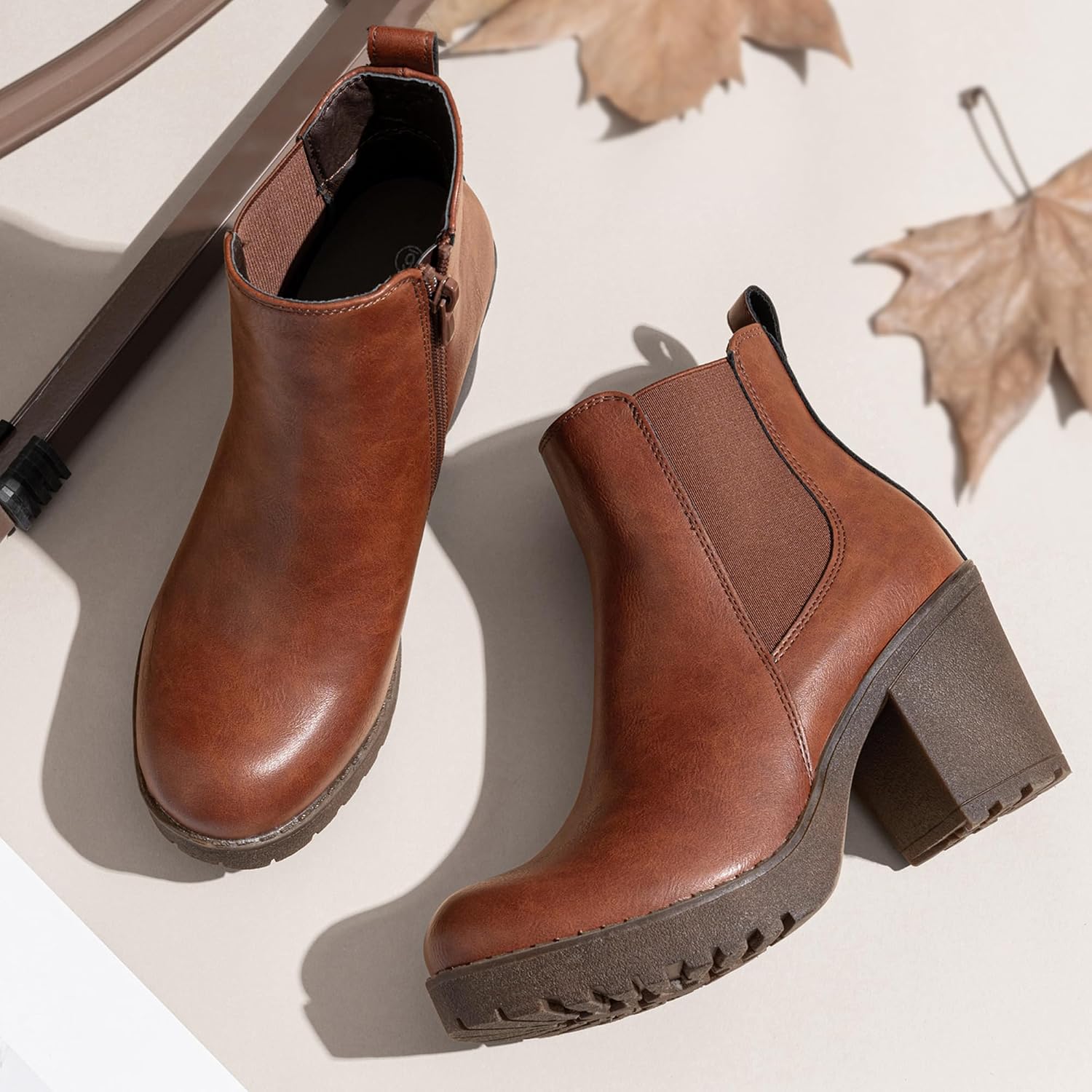 Vepose Womens Platform Chelsea Ankle Boots, Chunky Block Heel Booties 8 Cognac 9