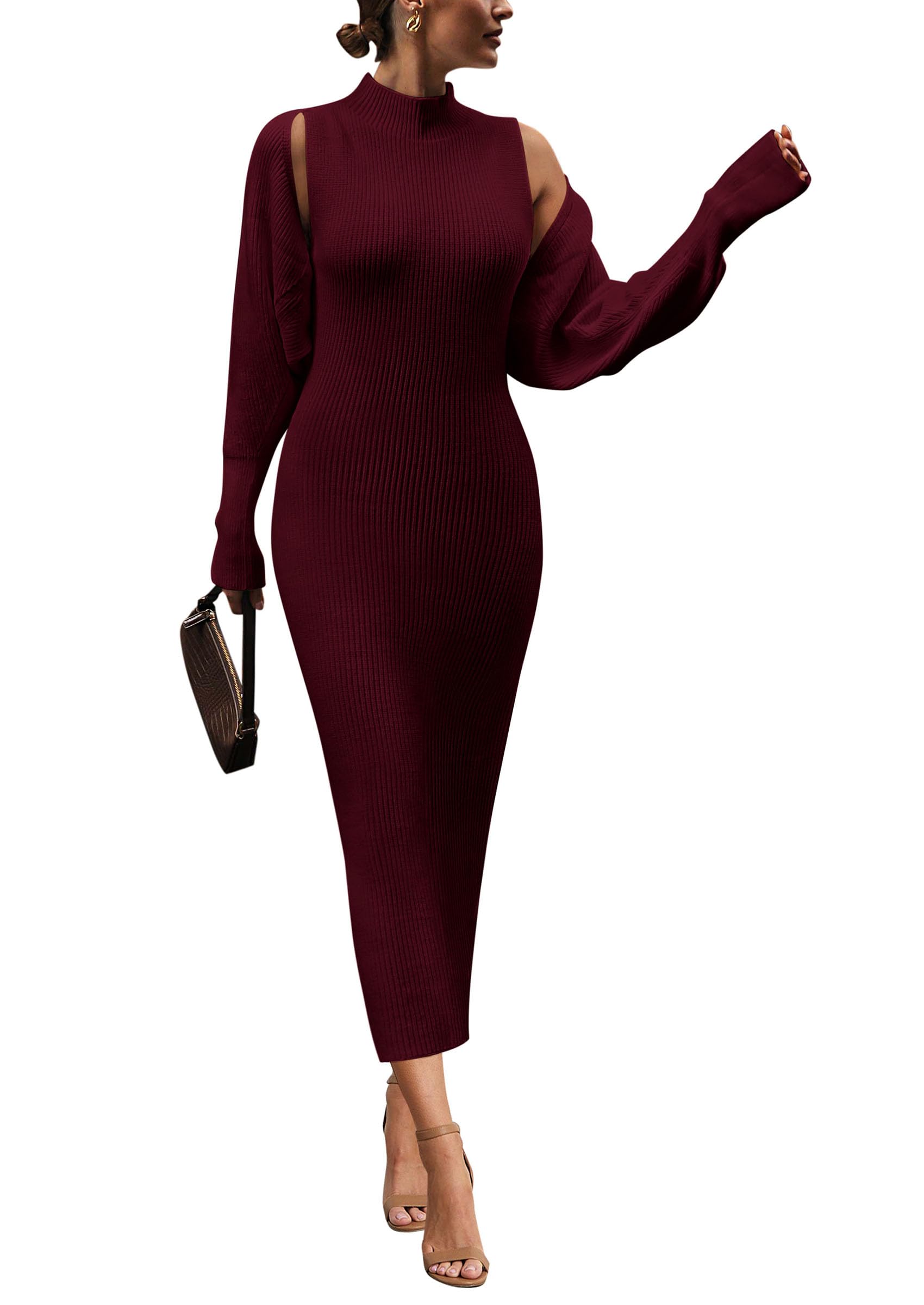 PRETTYGARDEN Womens 2 Piece Ribbed Knit Sweater Dress Set Date Night Outfit Medium Wine Red