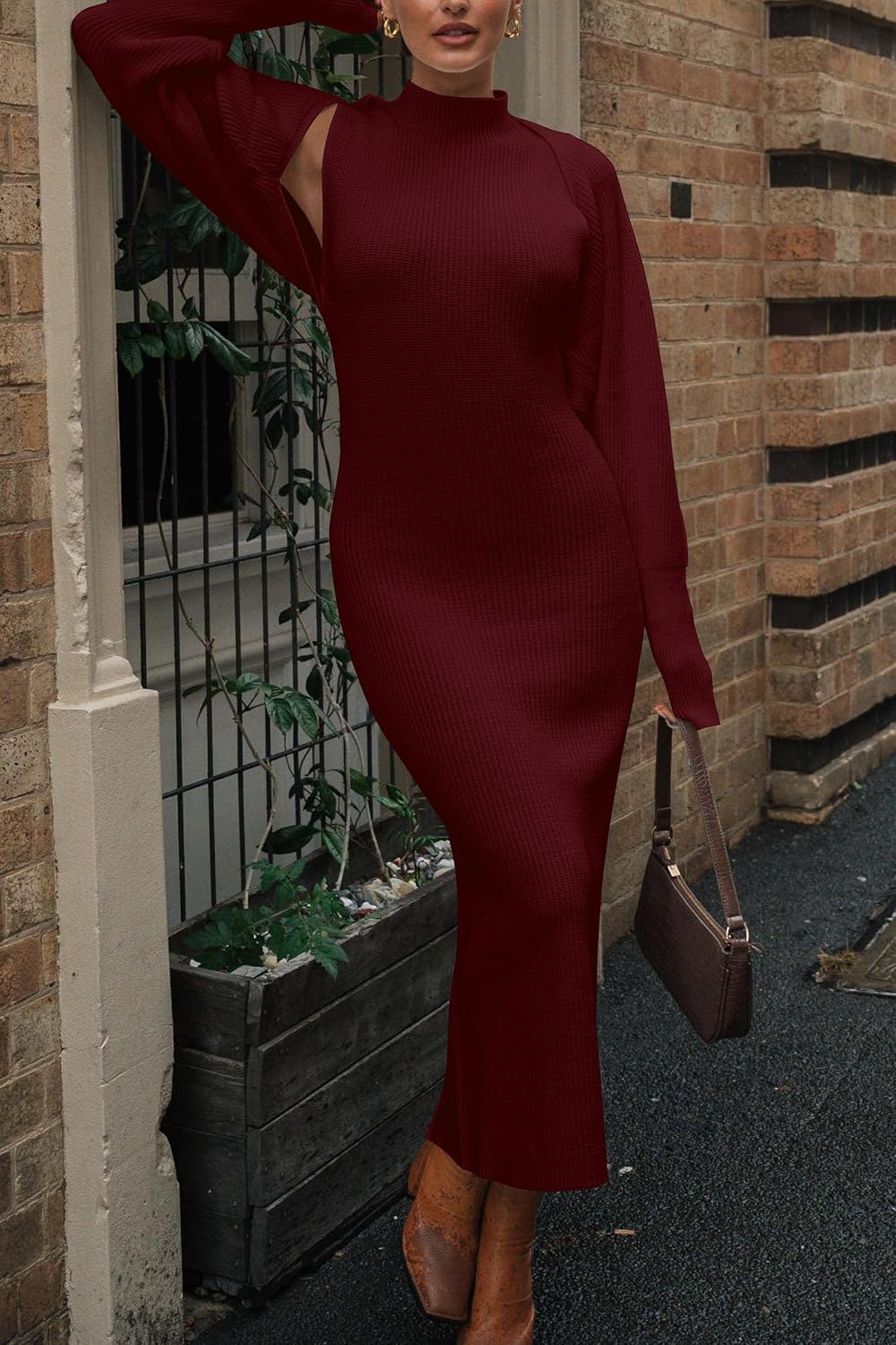 PRETTYGARDEN Womens 2 Piece Ribbed Knit Sweater Dress Set Date Night Outfit Medium Wine Red 4