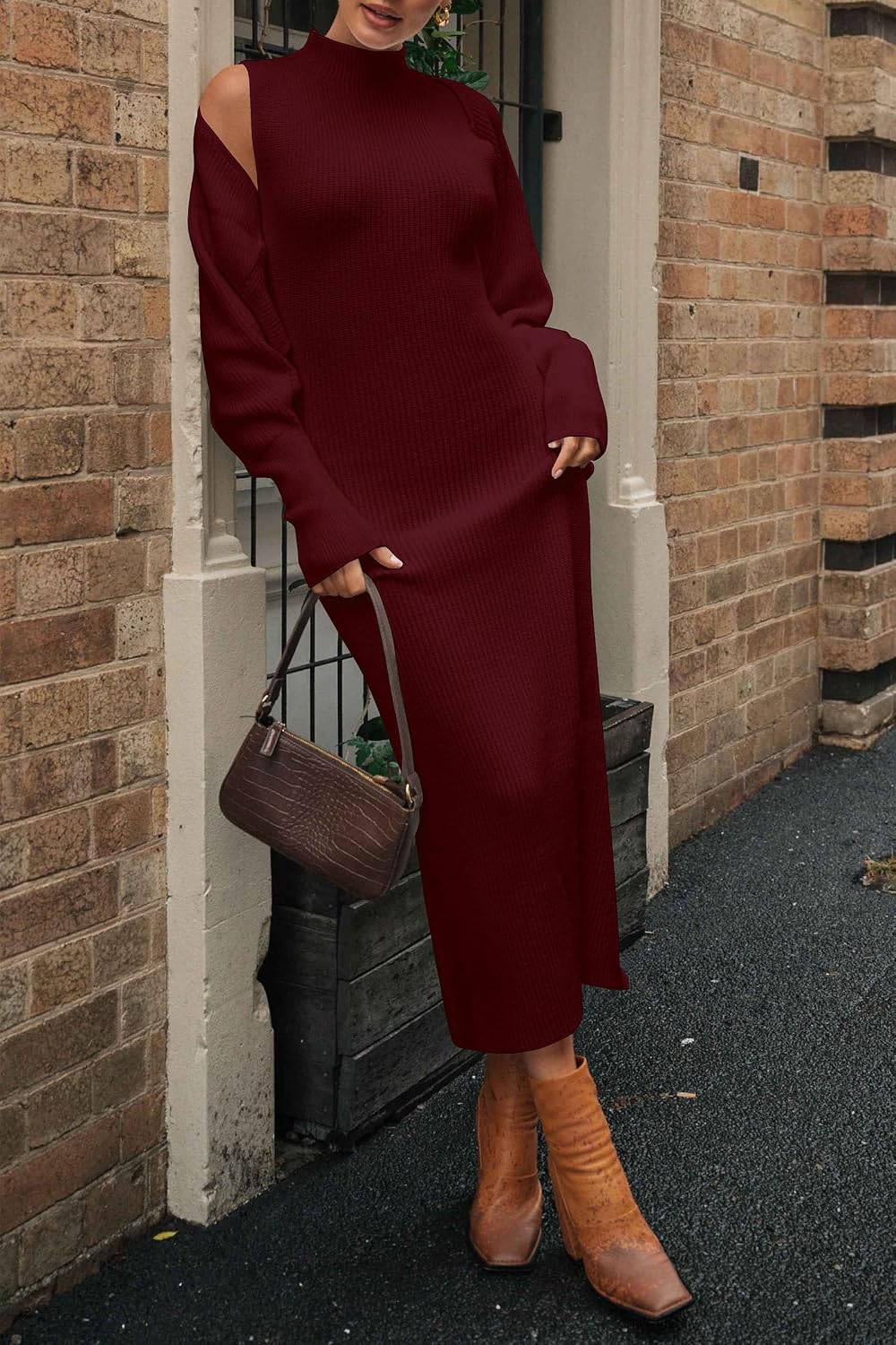 PRETTYGARDEN Womens 2 Piece Ribbed Knit Sweater Dress Set Date Night Outfit Medium Wine Red 5