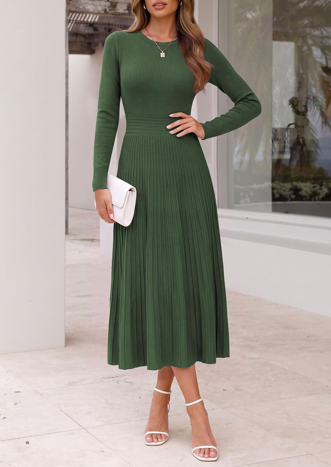 PRETTYGARDEN Womens Long Sleeve Knit Maxi Sweater Dress Medium Army Green 2