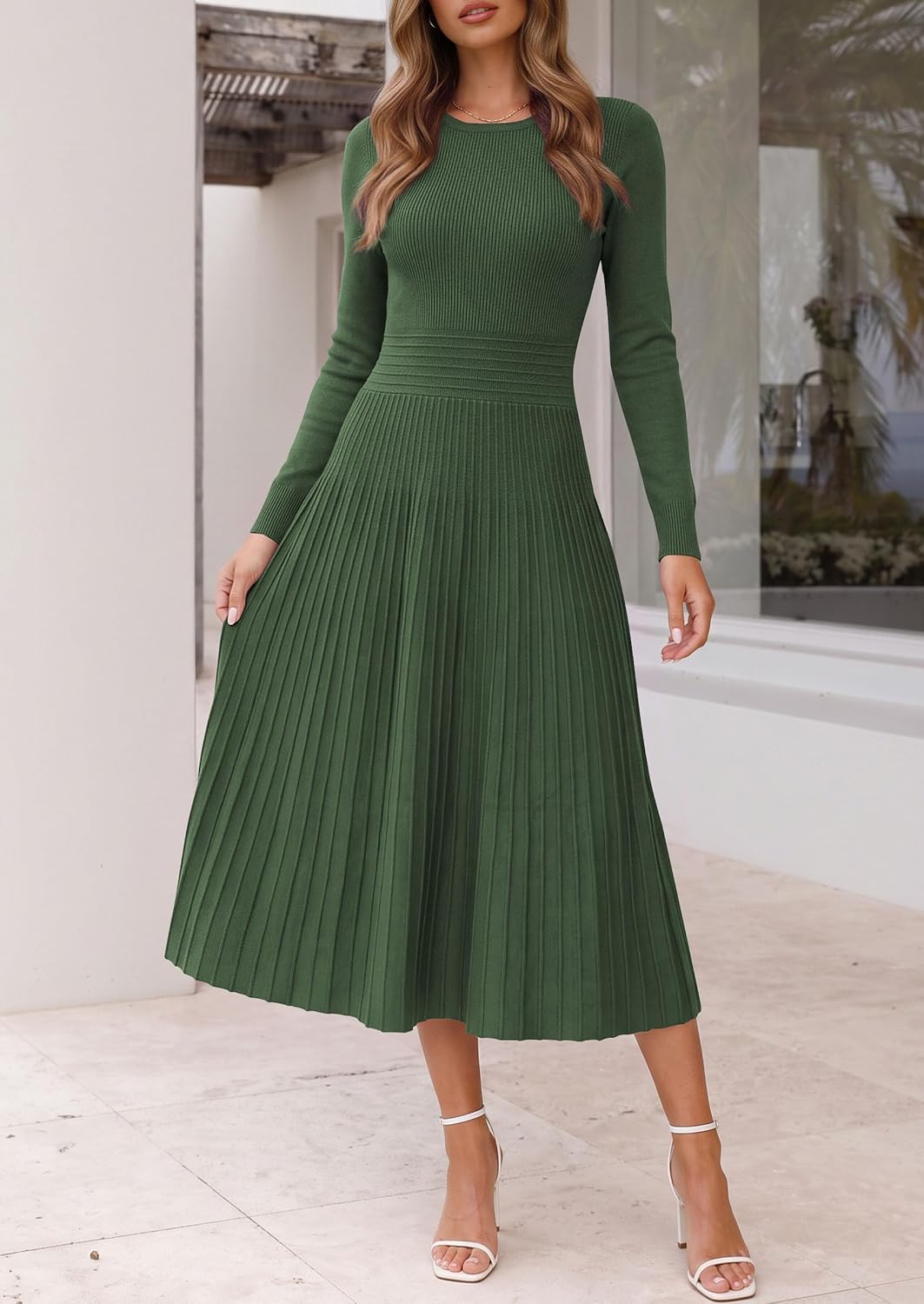 PRETTYGARDEN Womens Long Sleeve Knit Maxi Sweater Dress Medium Army Green 3