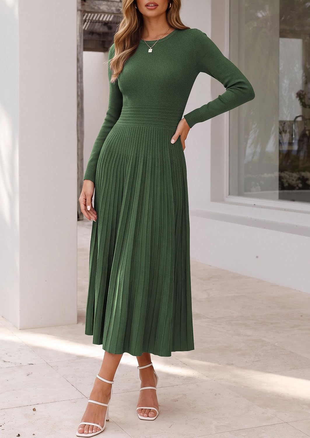 PRETTYGARDEN Womens Long Sleeve Knit Maxi Sweater Dress Medium Army Green 7