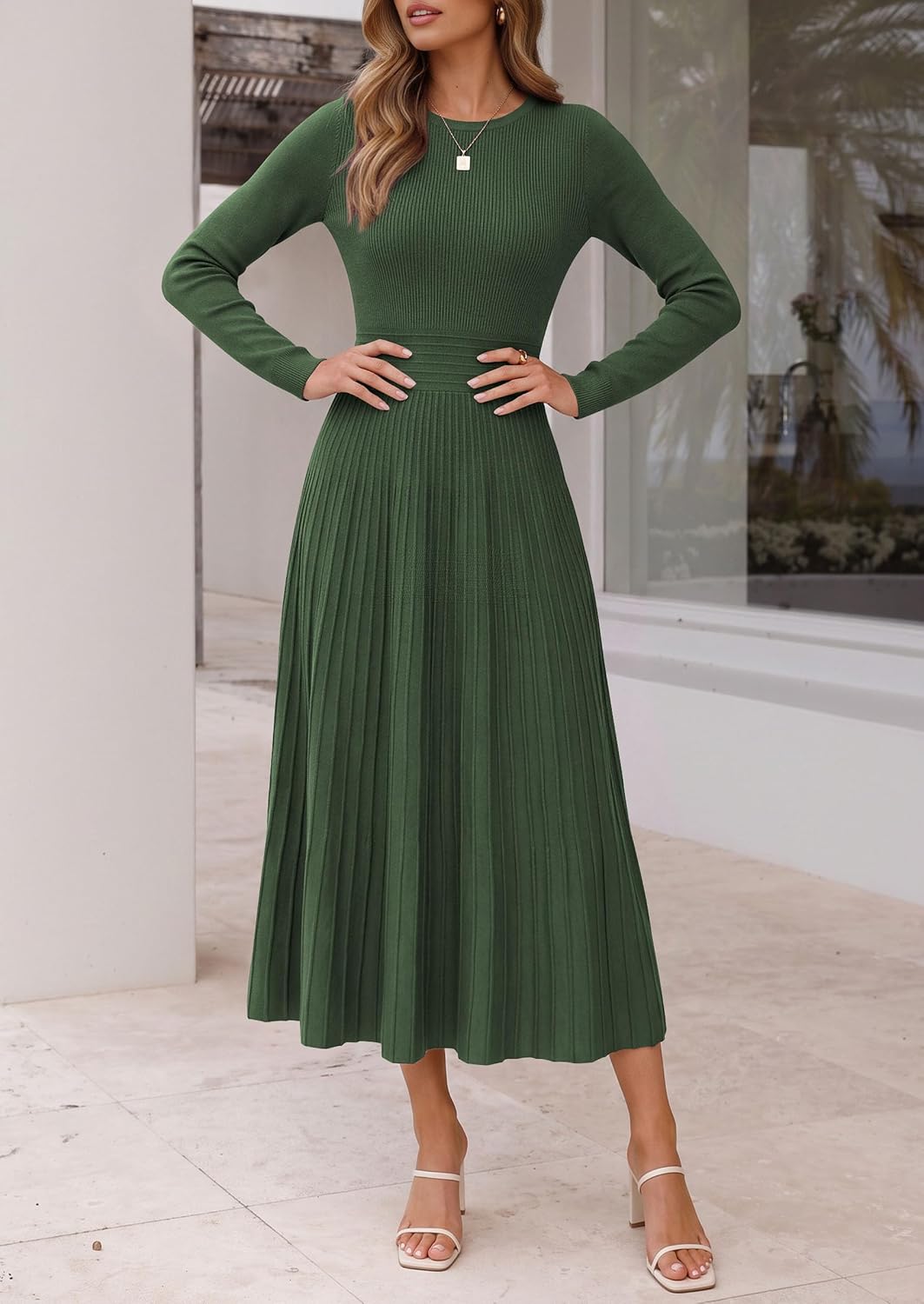 PRETTYGARDEN Womens Long Sleeve Knit Maxi Sweater Dress Medium Army Green 8