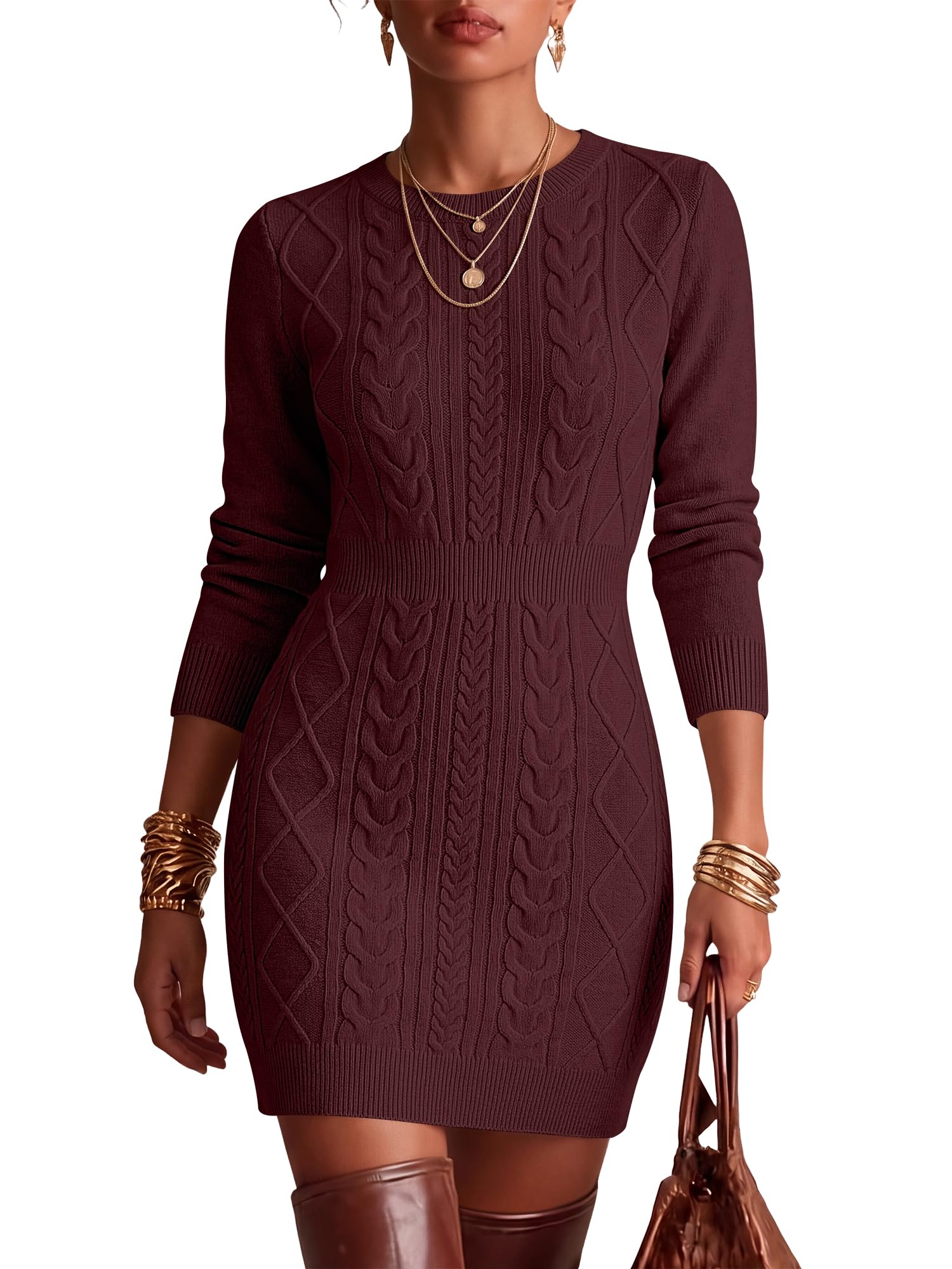 Caracilia Womens Cable Knit Sweater Dress Long Sleeve Fall Winter Dress Medium Wine Red
