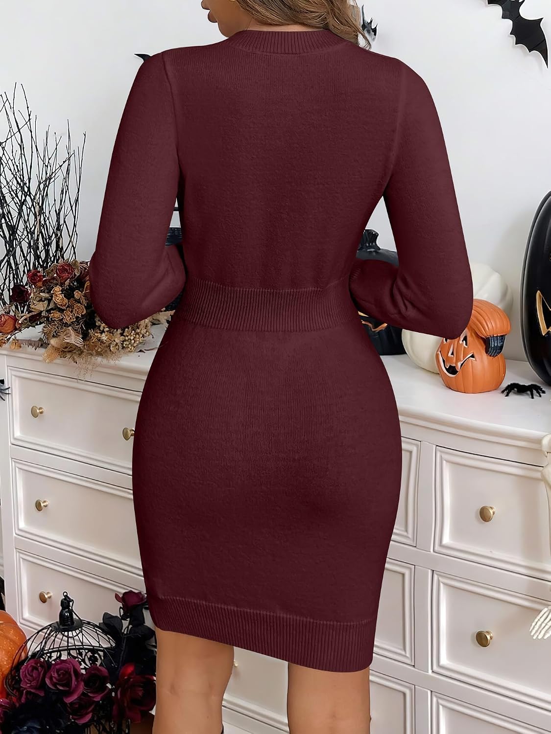 Caracilia Womens Cable Knit Sweater Dress Long Sleeve Fall Winter Dress Medium Wine Red 5