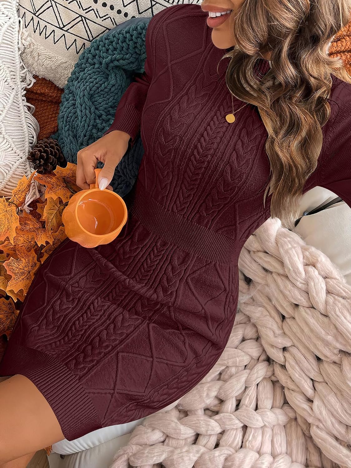 Caracilia Womens Cable Knit Sweater Dress Long Sleeve Fall Winter Dress Medium Wine Red 6