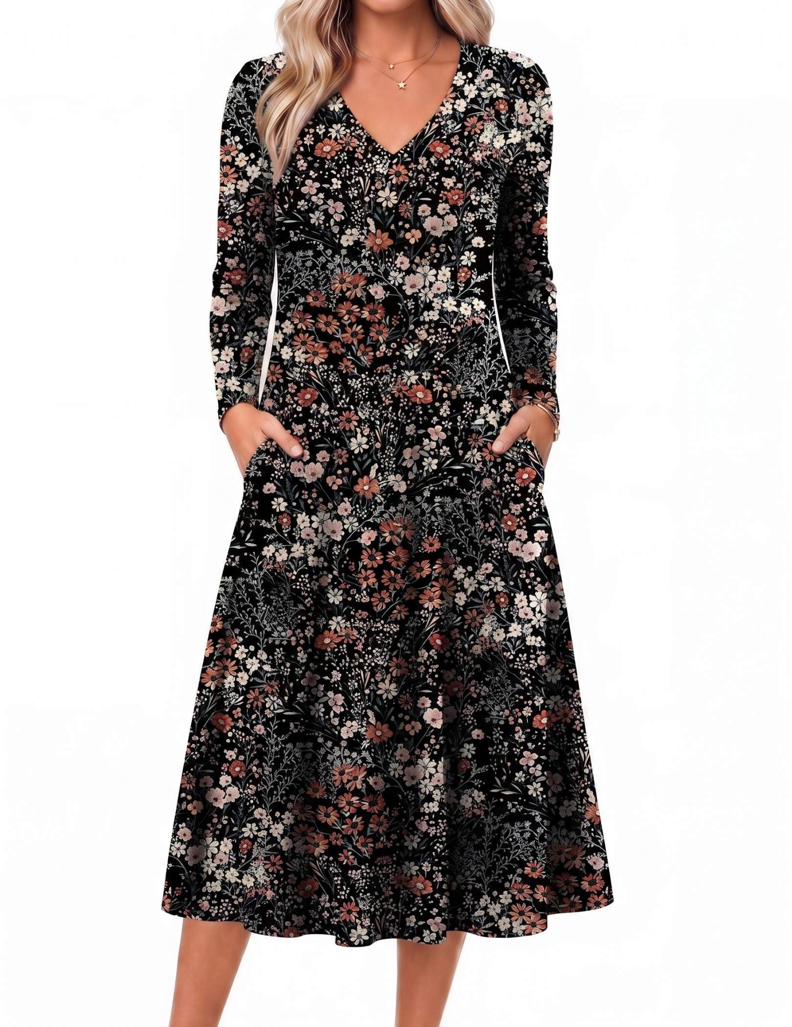 Zeagoo Dresses for Womens Long Sleeve Midi Dress Fall Casual A Line Dress Large Floral