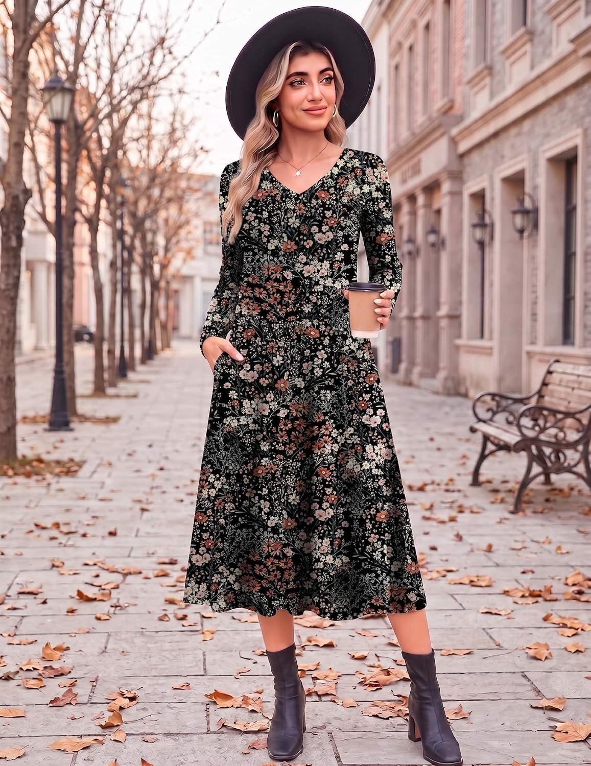 Zeagoo Dresses for Womens Long Sleeve Midi Dress Fall Casual A Line Dress Large Floral 2