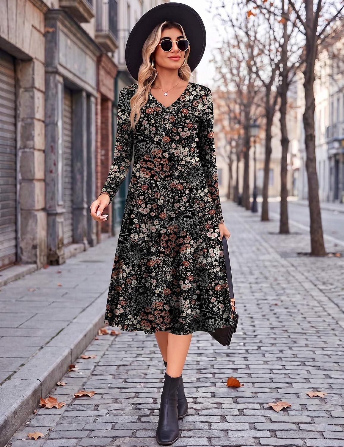 Zeagoo Dresses for Womens Long Sleeve Midi Dress Fall Casual A Line Dress Large Floral 3