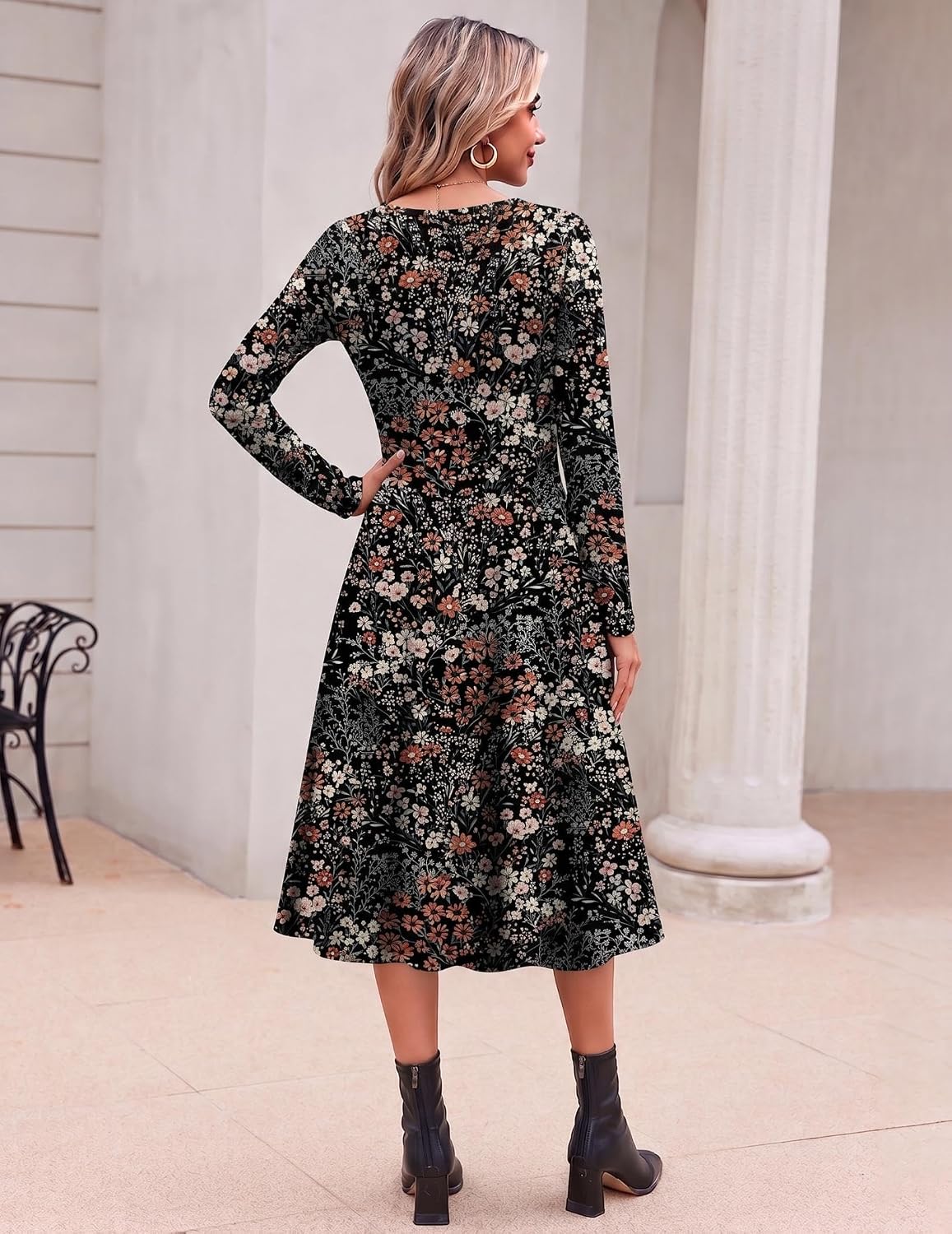 Zeagoo Dresses for Womens Long Sleeve Midi Dress Fall Casual A Line Dress Large Floral 6