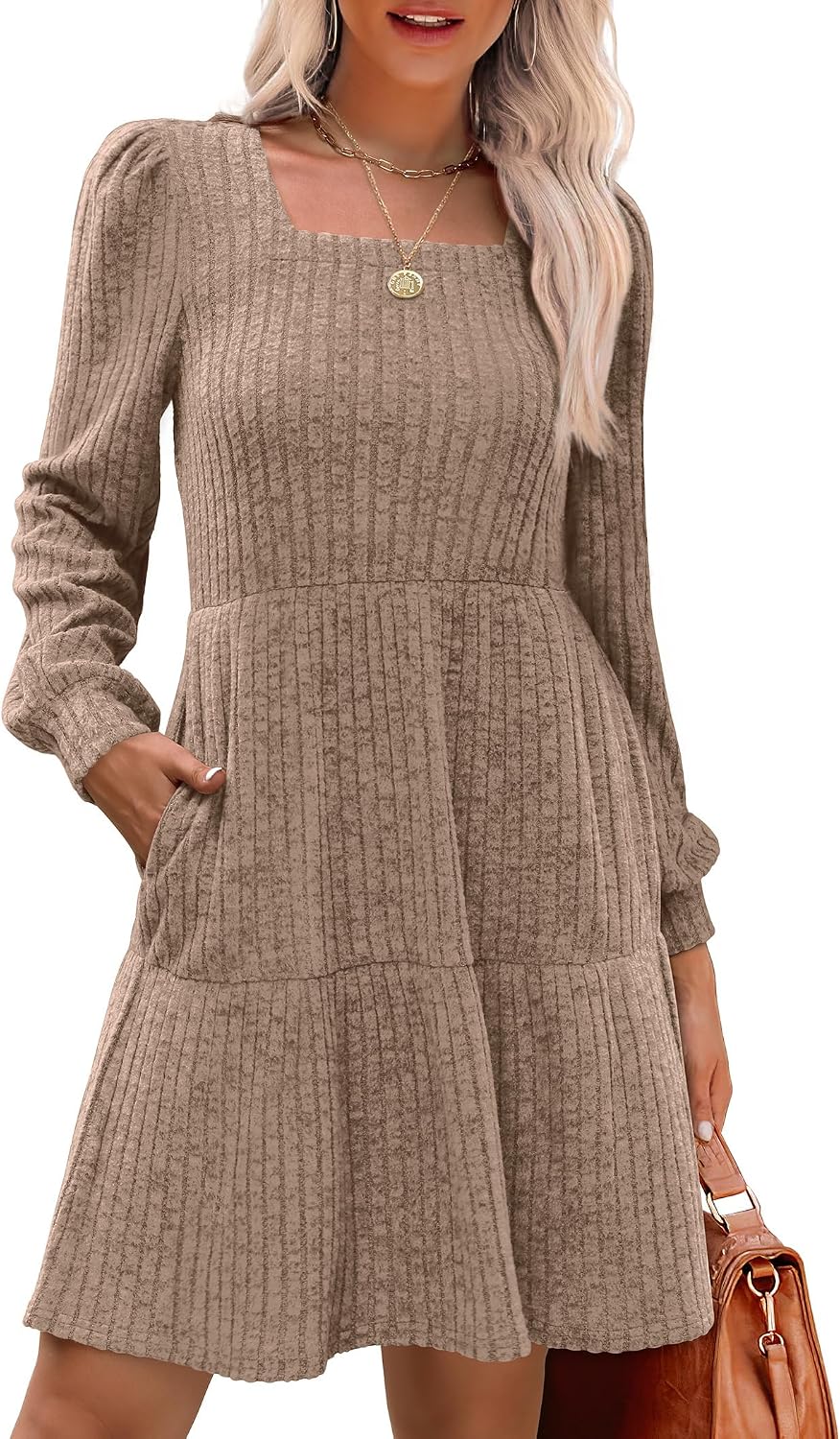 Sampeel Womens Square Neck Long Sleeve Fall Dresses Casual Babydoll Sweater Dress Medium Khaki 2