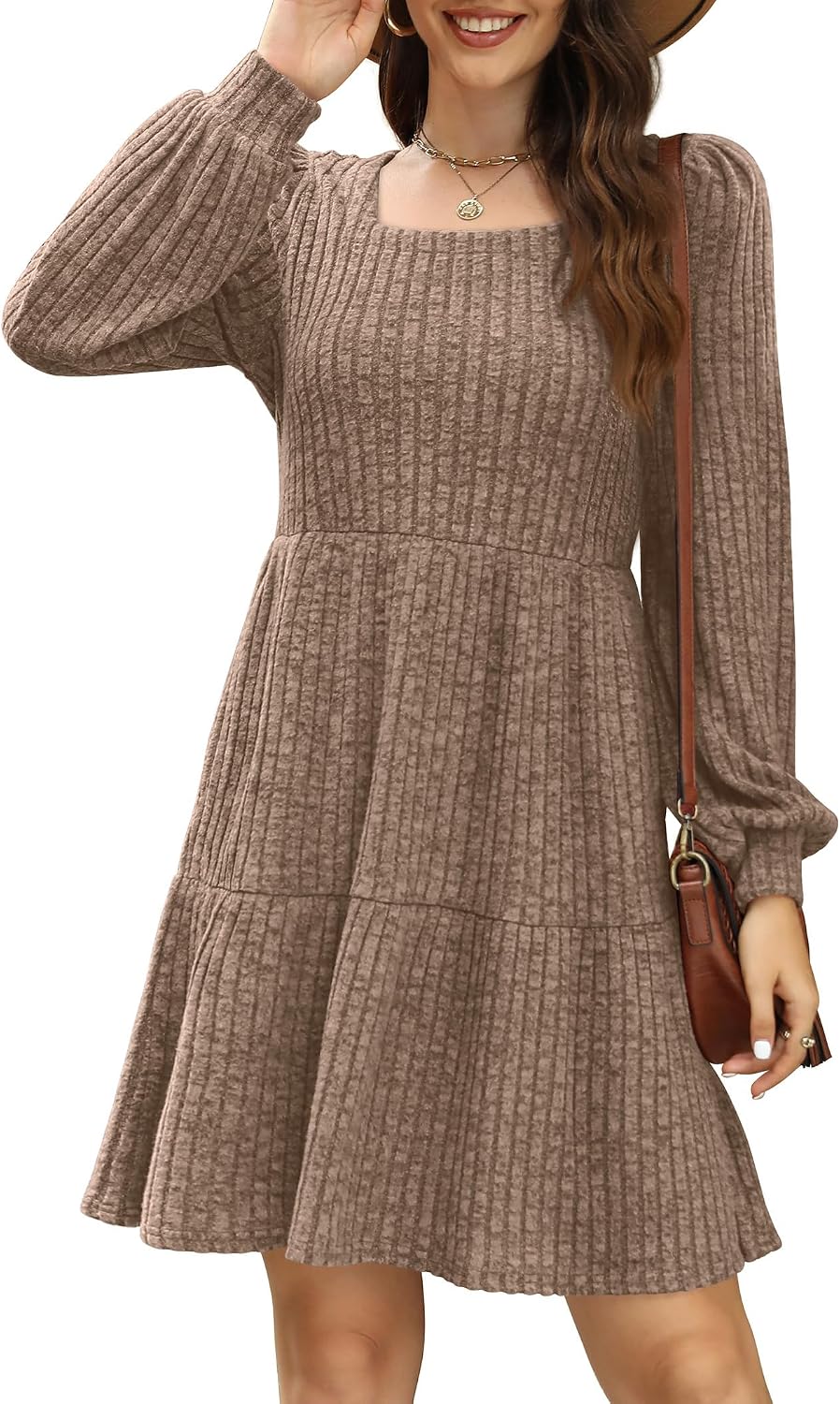 Sampeel Womens Square Neck Long Sleeve Fall Dresses Casual Babydoll Sweater Dress Medium Khaki 3