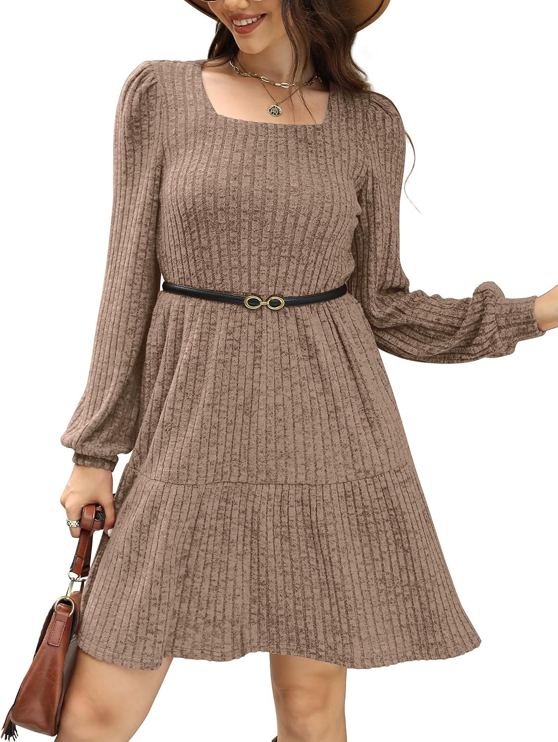 Sampeel Womens Square Neck Long Sleeve Fall Dresses Casual Babydoll Sweater Dress Medium Khaki 4