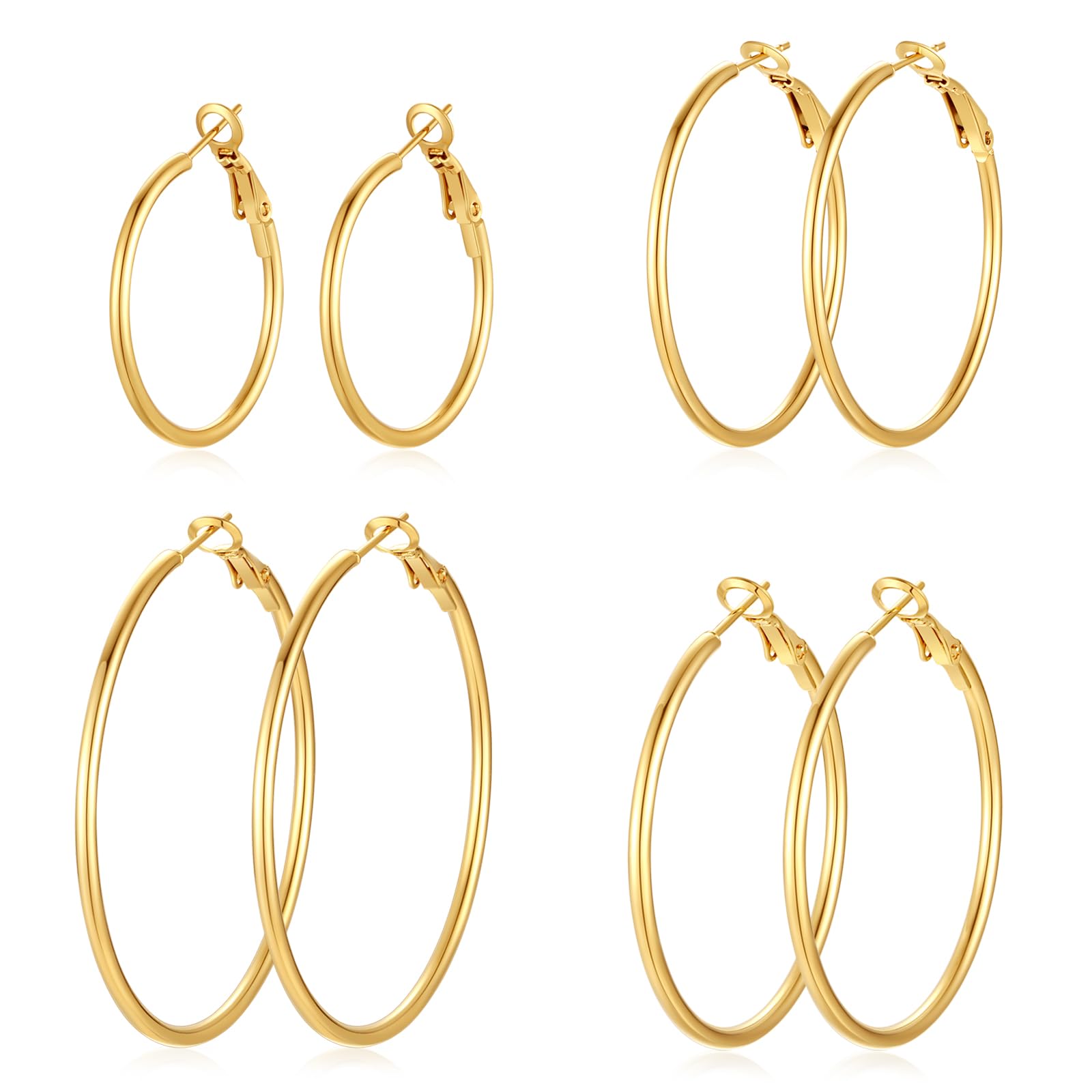 4 Pairs Silver Gold Hoop Earrings for Women | 14K Gold Plated Hoop Earrings Set Hypoallergenic Earring Lightweight Dangle Ear