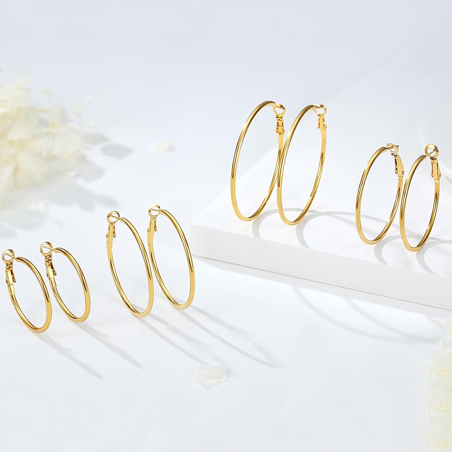 4 Pairs Silver Gold Hoop Earrings for Women | 14K Gold Plated Hoop Earrings Set Hypoallergenic Earring Lightweight Dangle E 3