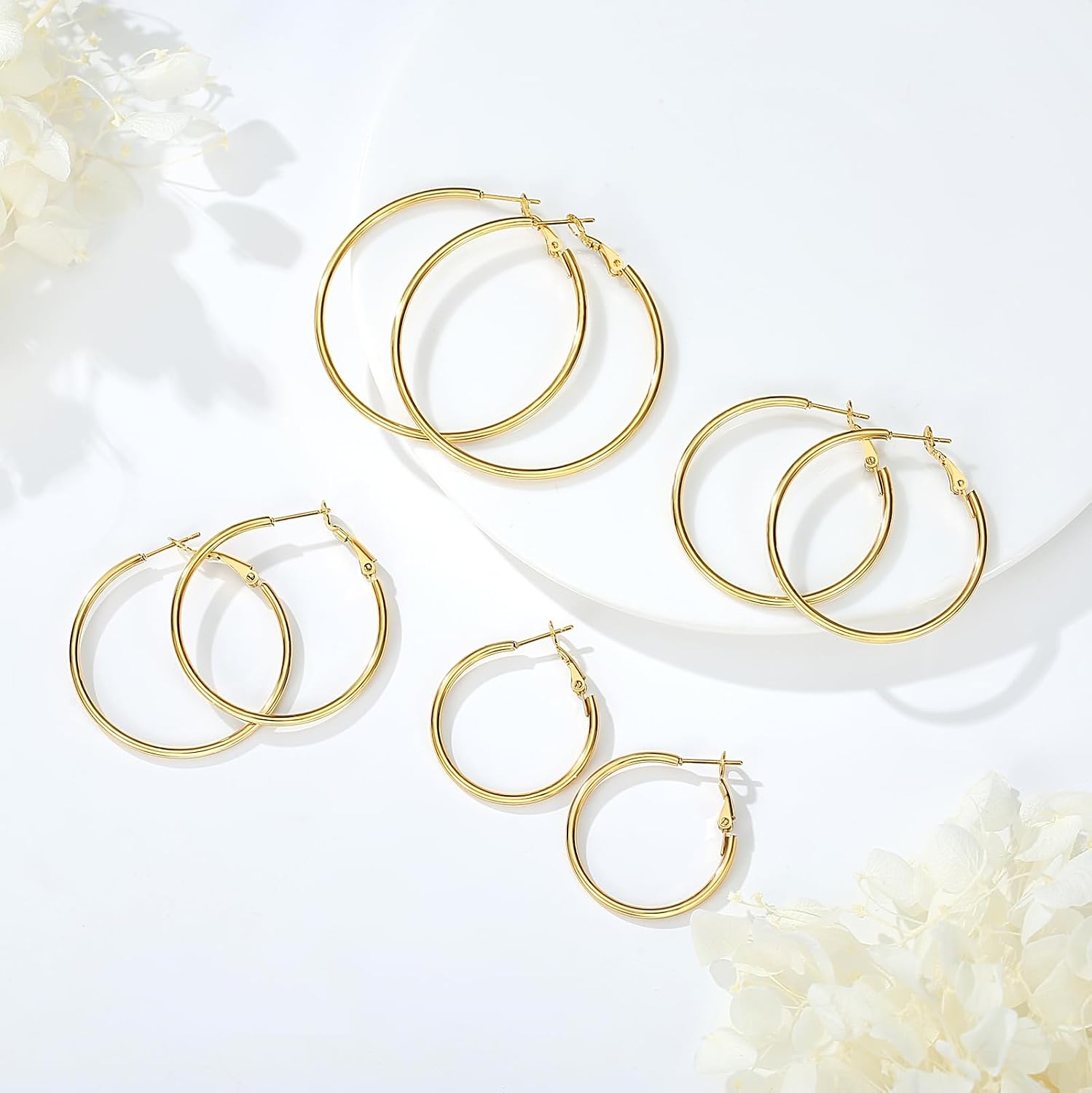4 Pairs Silver Gold Hoop Earrings for Women | 14K Gold Plated Hoop Earrings Set Hypoallergenic Earring Lightweight Dangle E 7