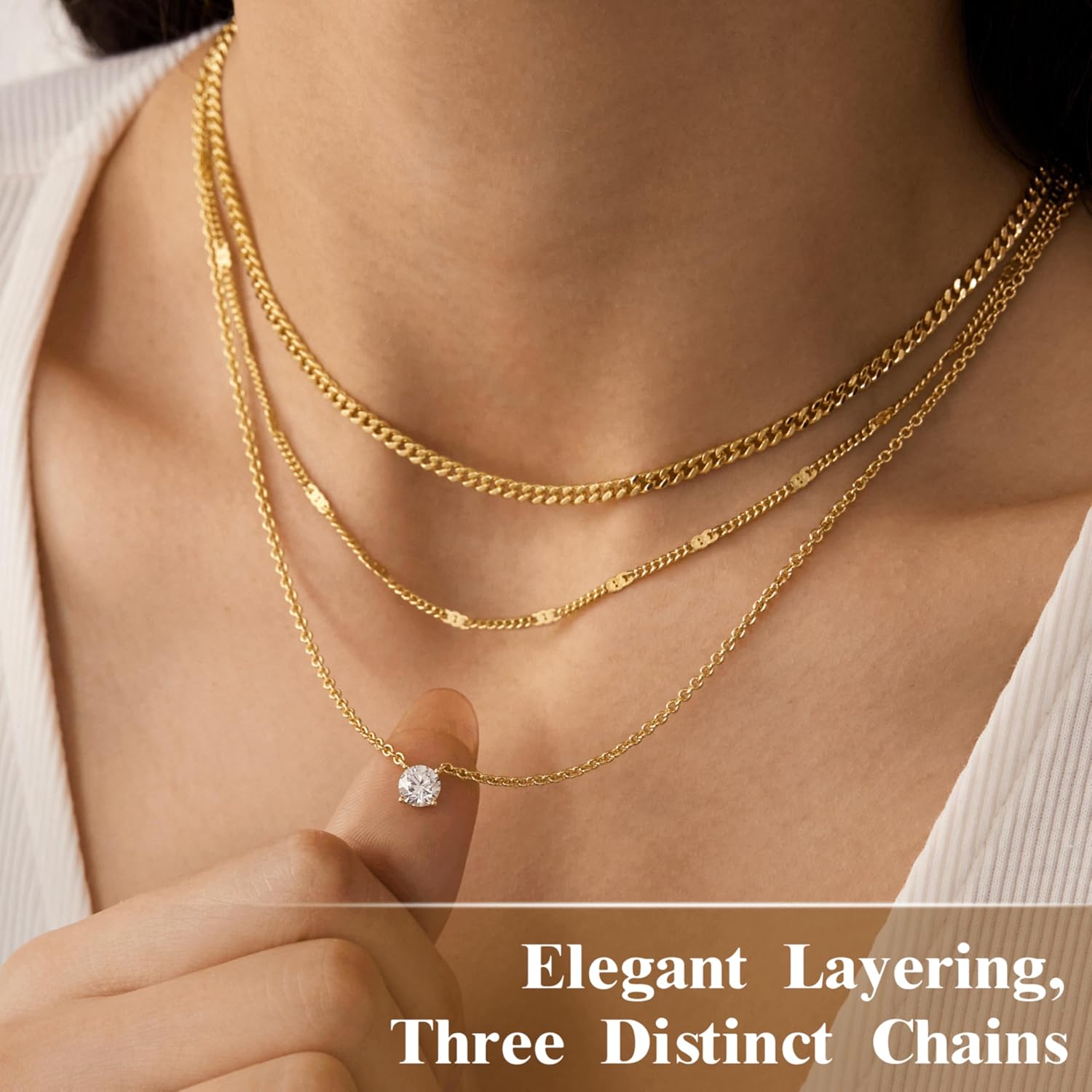WomenGifts Layered Gold Necklaces for Women, 14K Gold Sterling Silver Plated Dainty Pendant Necklace Set Non Tarnish, Chunk 3