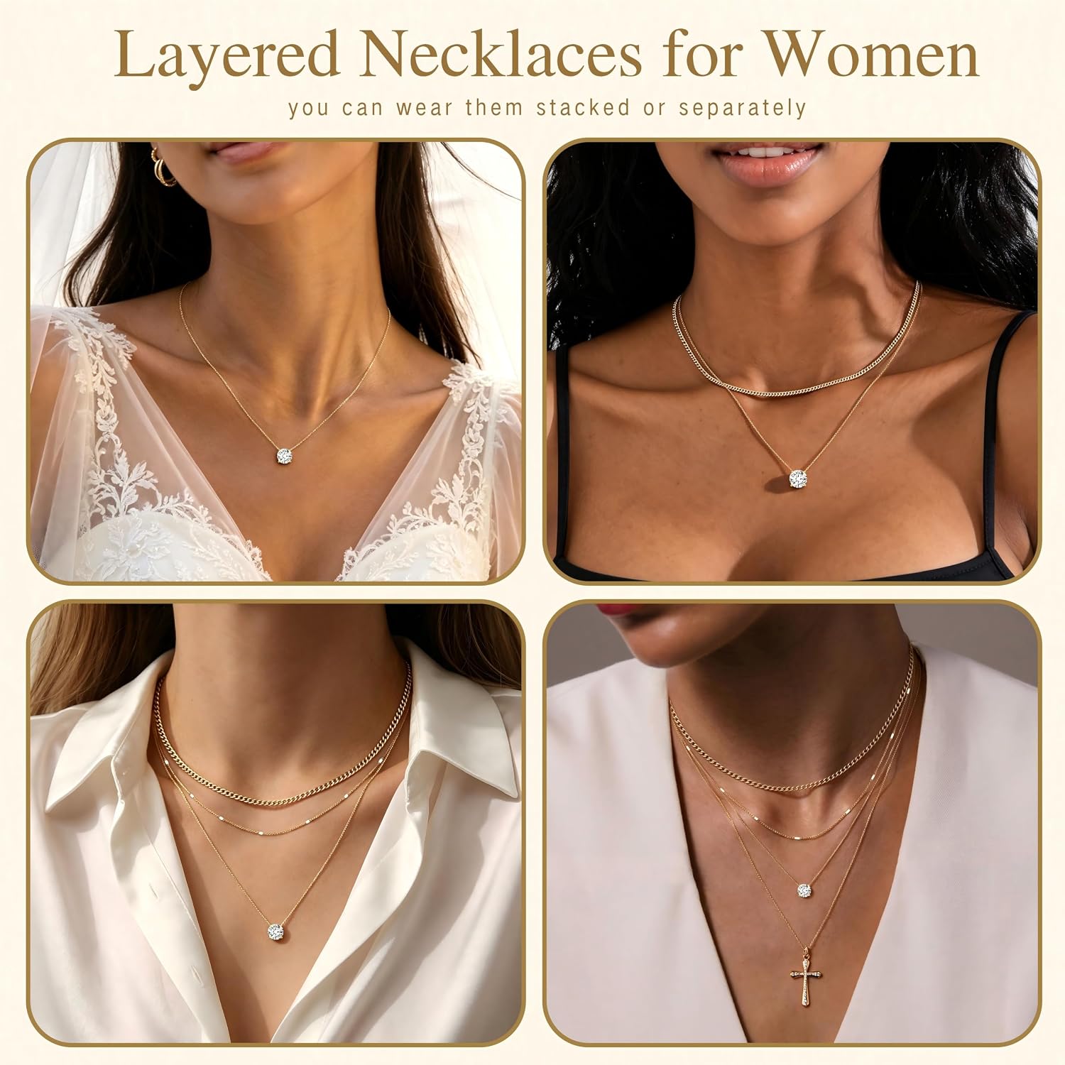 WomenGifts Layered Gold Necklaces for Women, 14K Gold Sterling Silver Plated Dainty Pendant Necklace Set Non Tarnish, Chunk 5