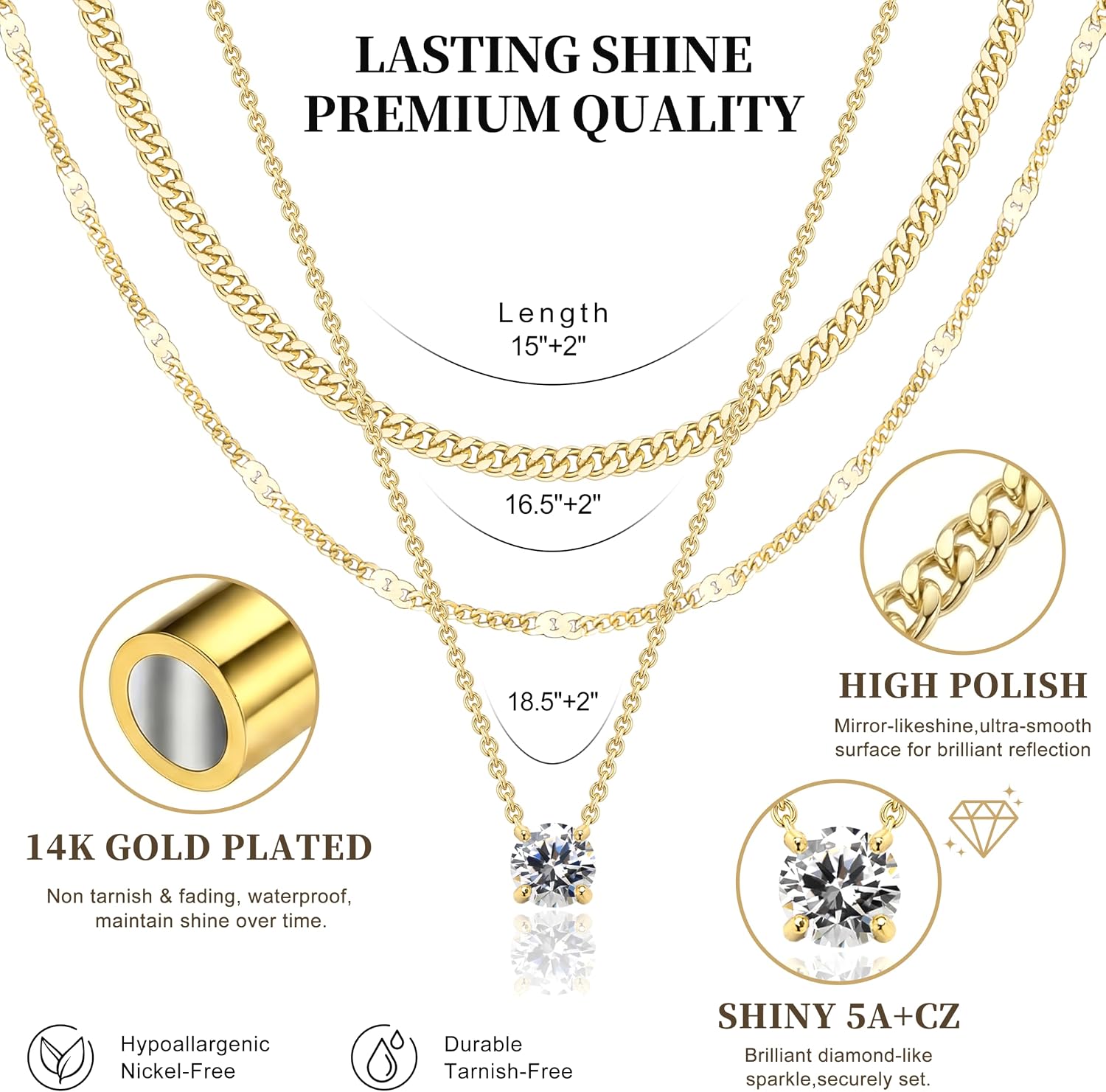 WomenGifts Layered Gold Necklaces for Women, 14K Gold Sterling Silver Plated Dainty Pendant Necklace Set Non Tarnish, Chunk 7